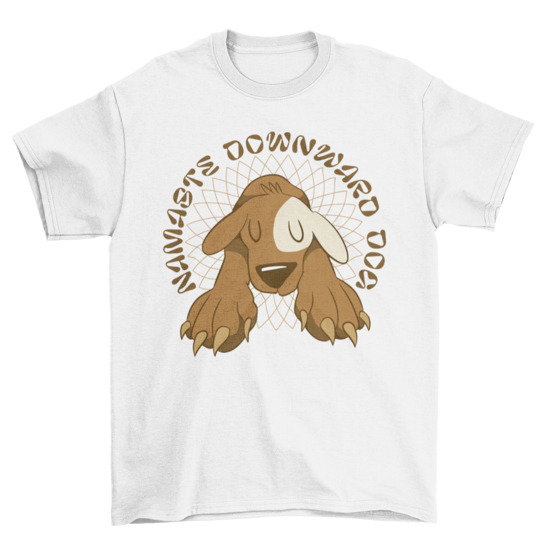 A cute t-shirt featuring a dog in a yoga pose with the quote 'Namaste downward dog', perfect for dog lovers.