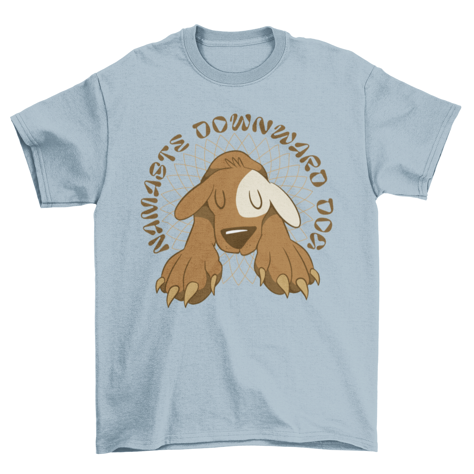 A cute t-shirt featuring a dog in a yoga pose with the quote 'Namaste downward dog', perfect for dog lovers.