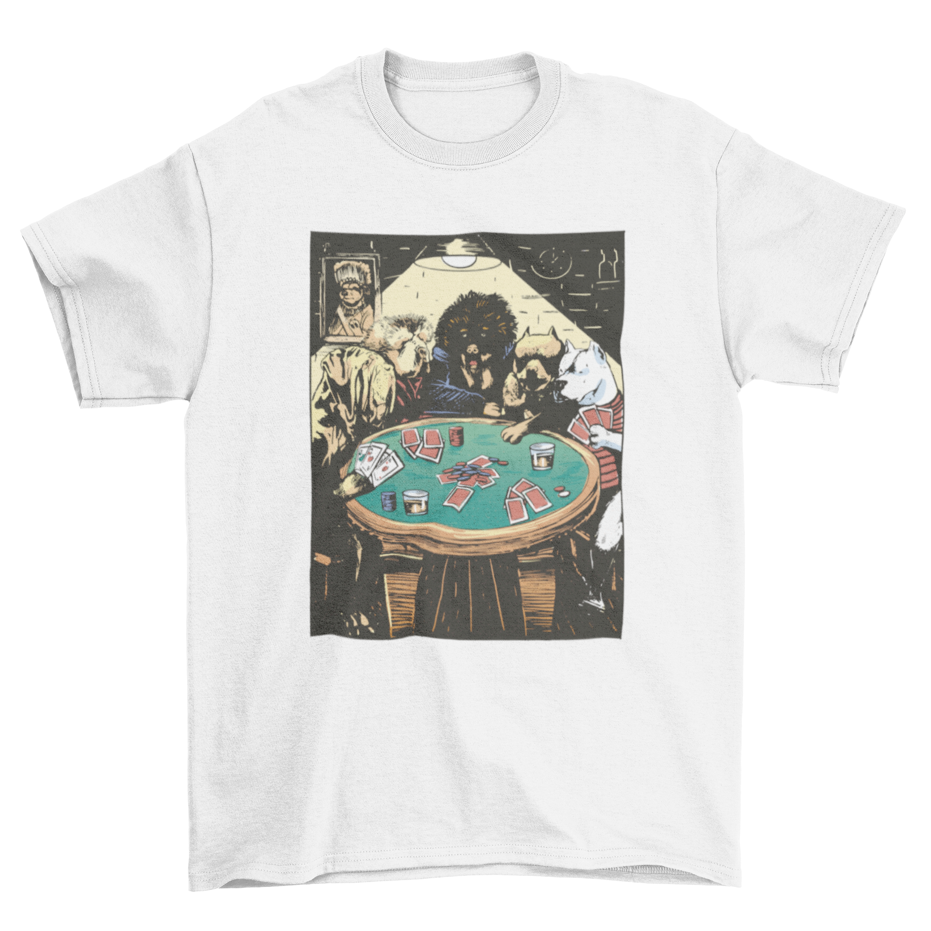 A playful t-shirt featuring a colorful design of dogs playing poker around a table, perfect for dog lovers.