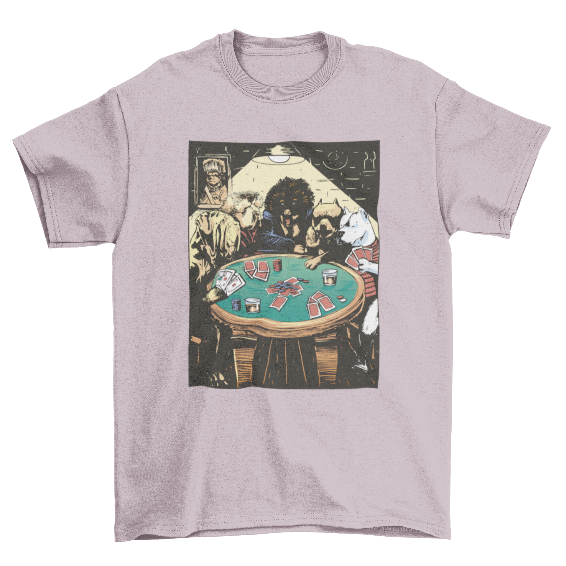 A playful t-shirt featuring a colorful design of dogs playing poker around a table, perfect for dog lovers.