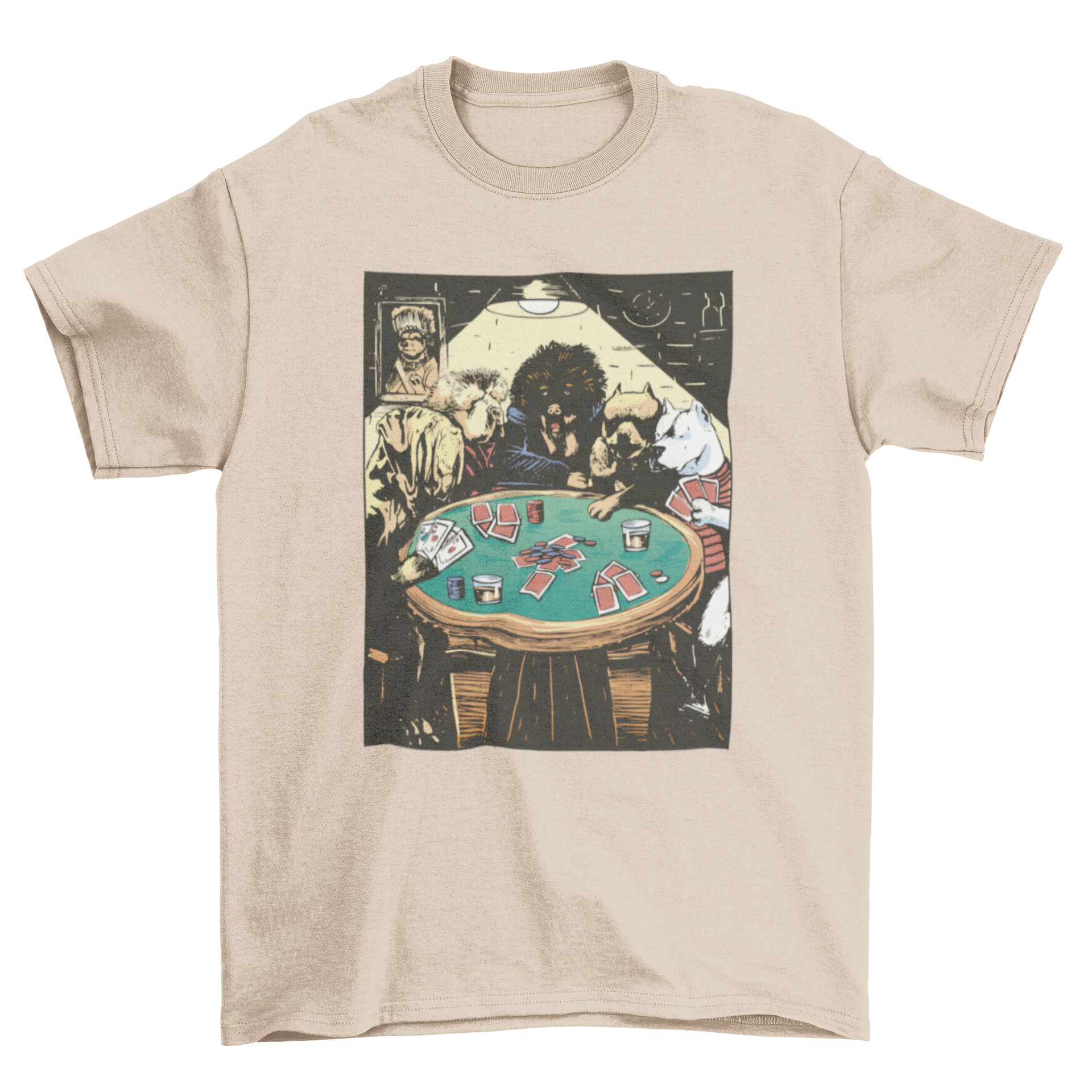 A playful t-shirt featuring a colorful design of dogs playing poker around a table, perfect for dog lovers.