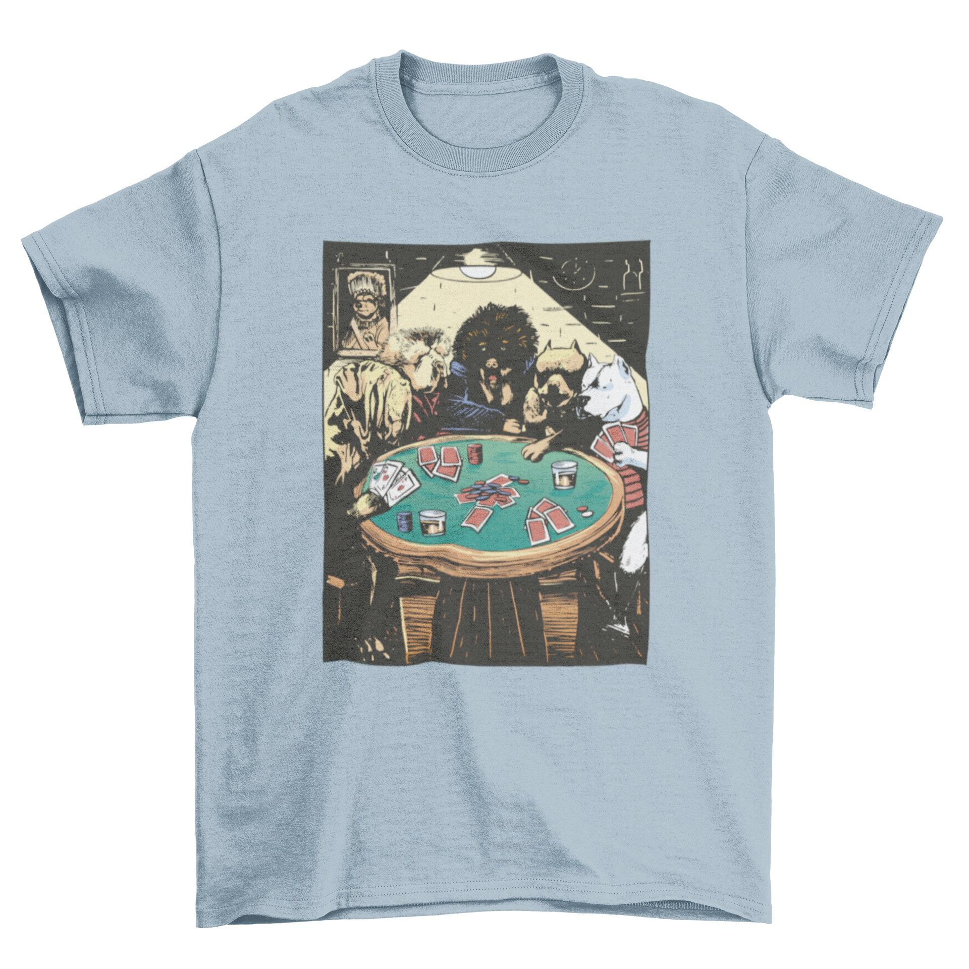 A playful t-shirt featuring a colorful design of dogs playing poker around a table, perfect for dog lovers.