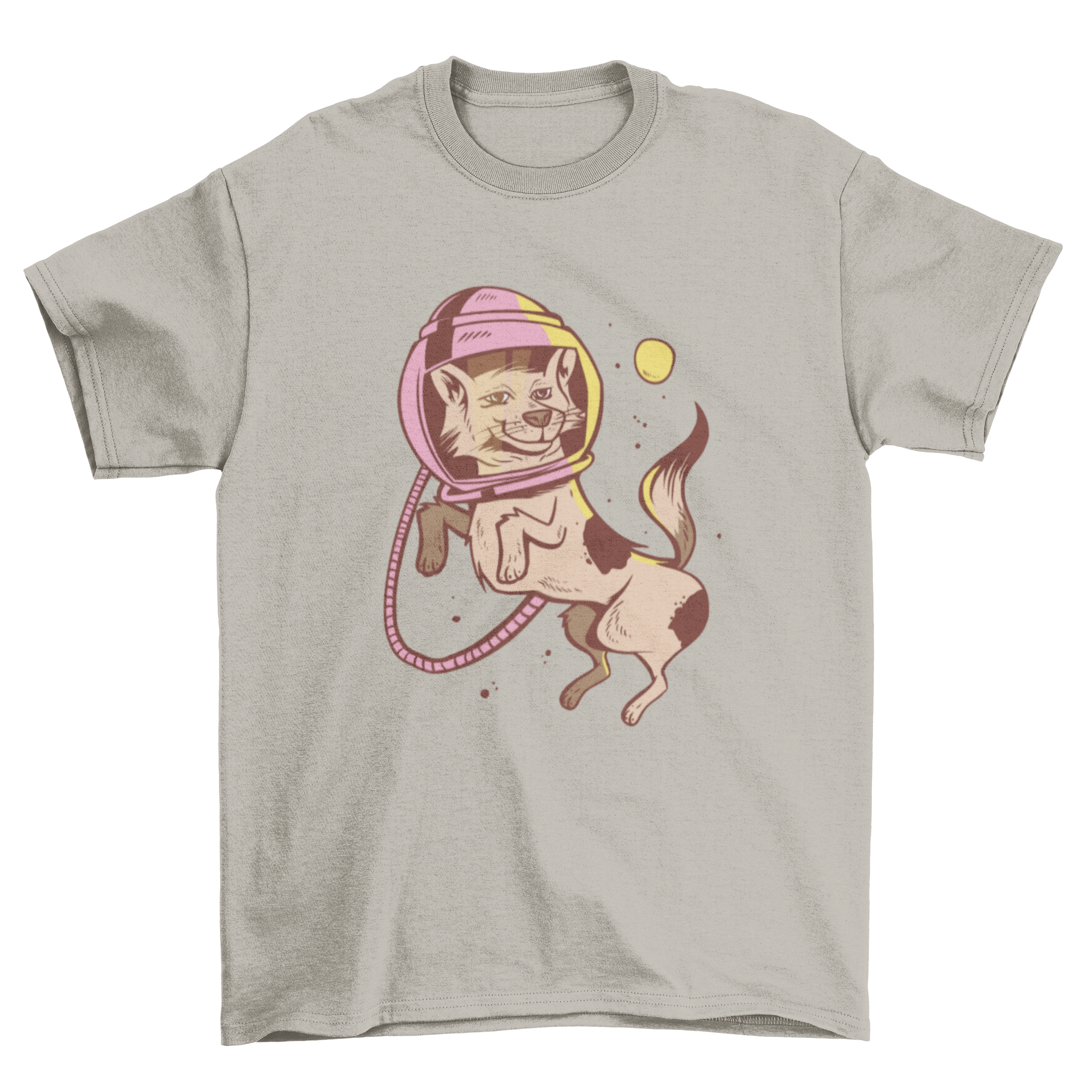 A playful t-shirt featuring a dog in an astronaut helmet, perfect for dog lovers and space enthusiasts.