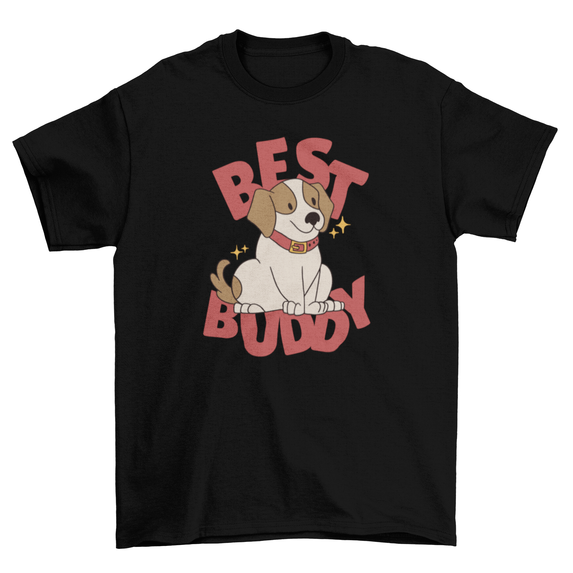 A cute t-shirt featuring a happy dog design and the quote 'Best buddy', perfect for dog lovers.