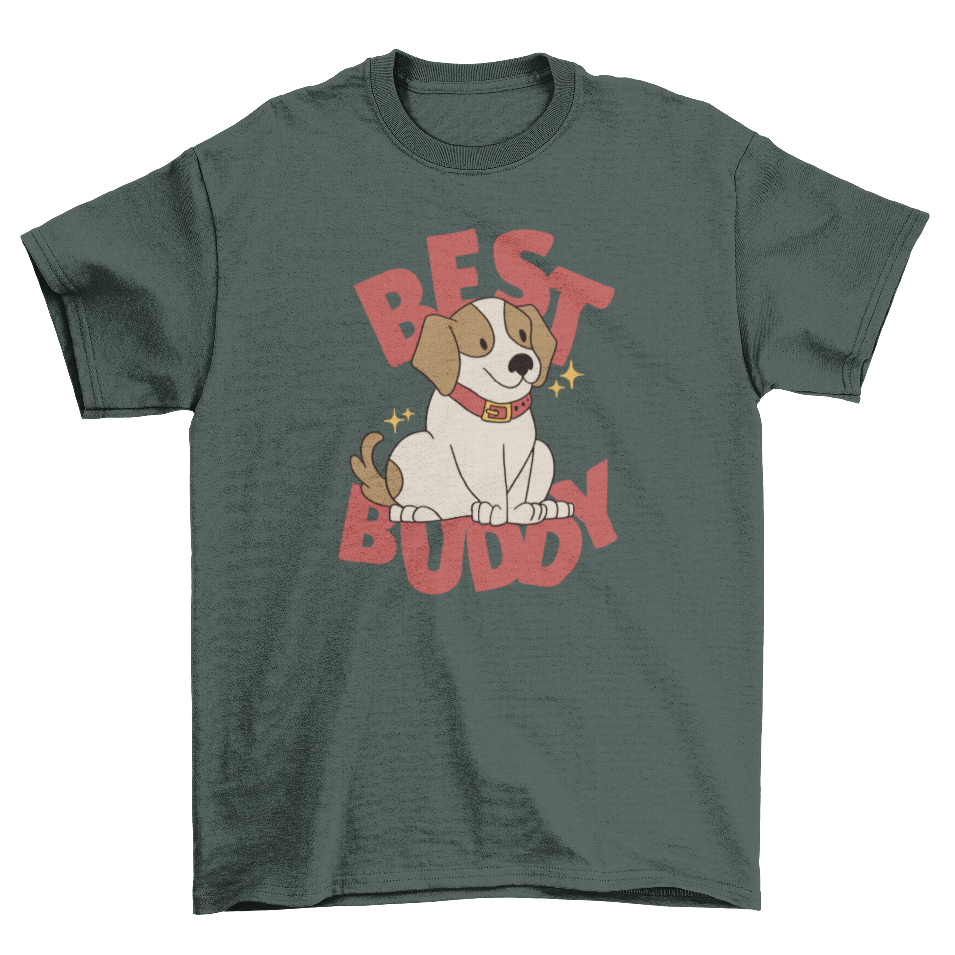 A cute t-shirt featuring a happy dog design and the quote 'Best buddy', perfect for dog lovers.