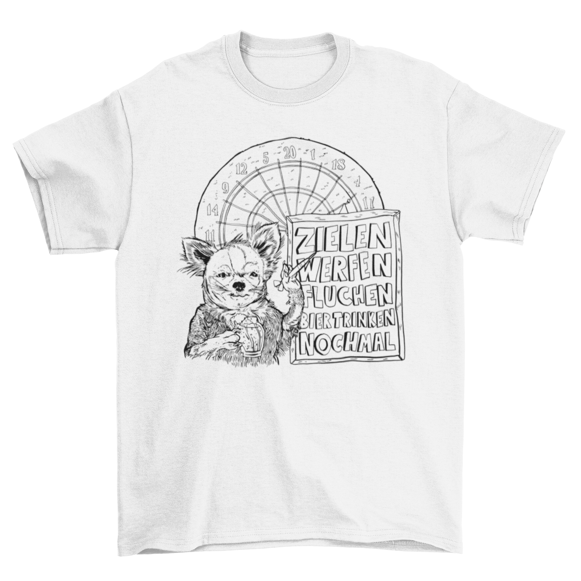 A hand-drawn t-shirt design featuring a playful dog drinking beer with a humorous German quote.