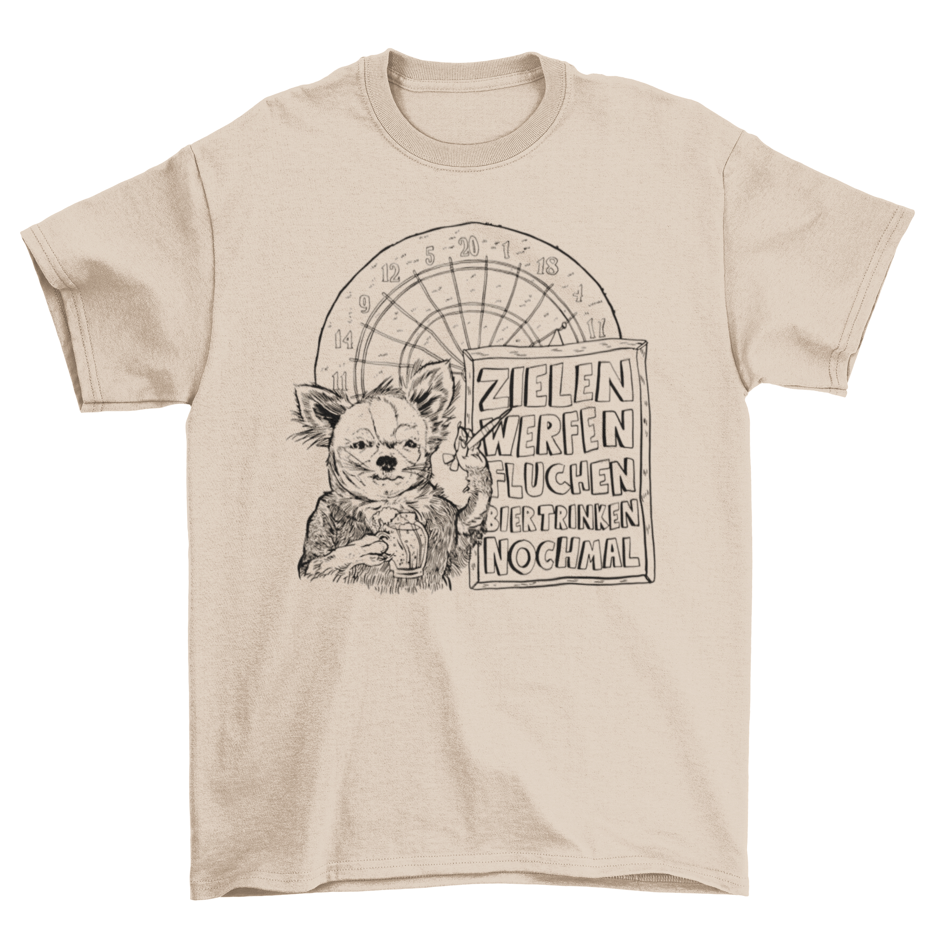 A hand-drawn t-shirt design featuring a playful dog drinking beer with a humorous German quote.