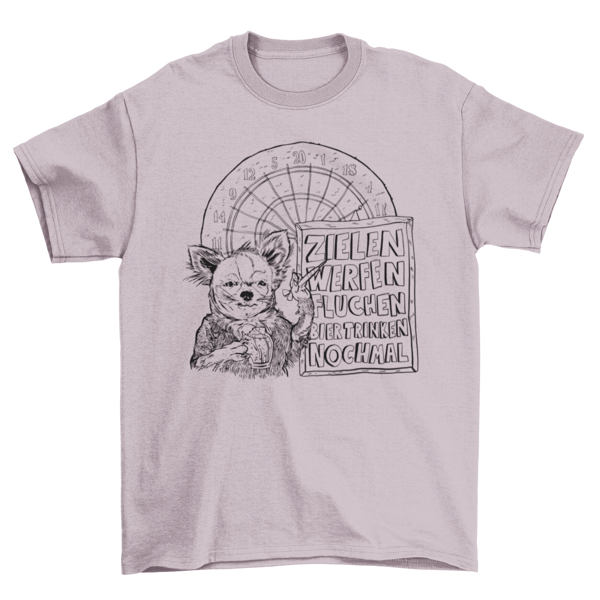 A hand-drawn t-shirt design featuring a playful dog drinking beer with a humorous German quote.