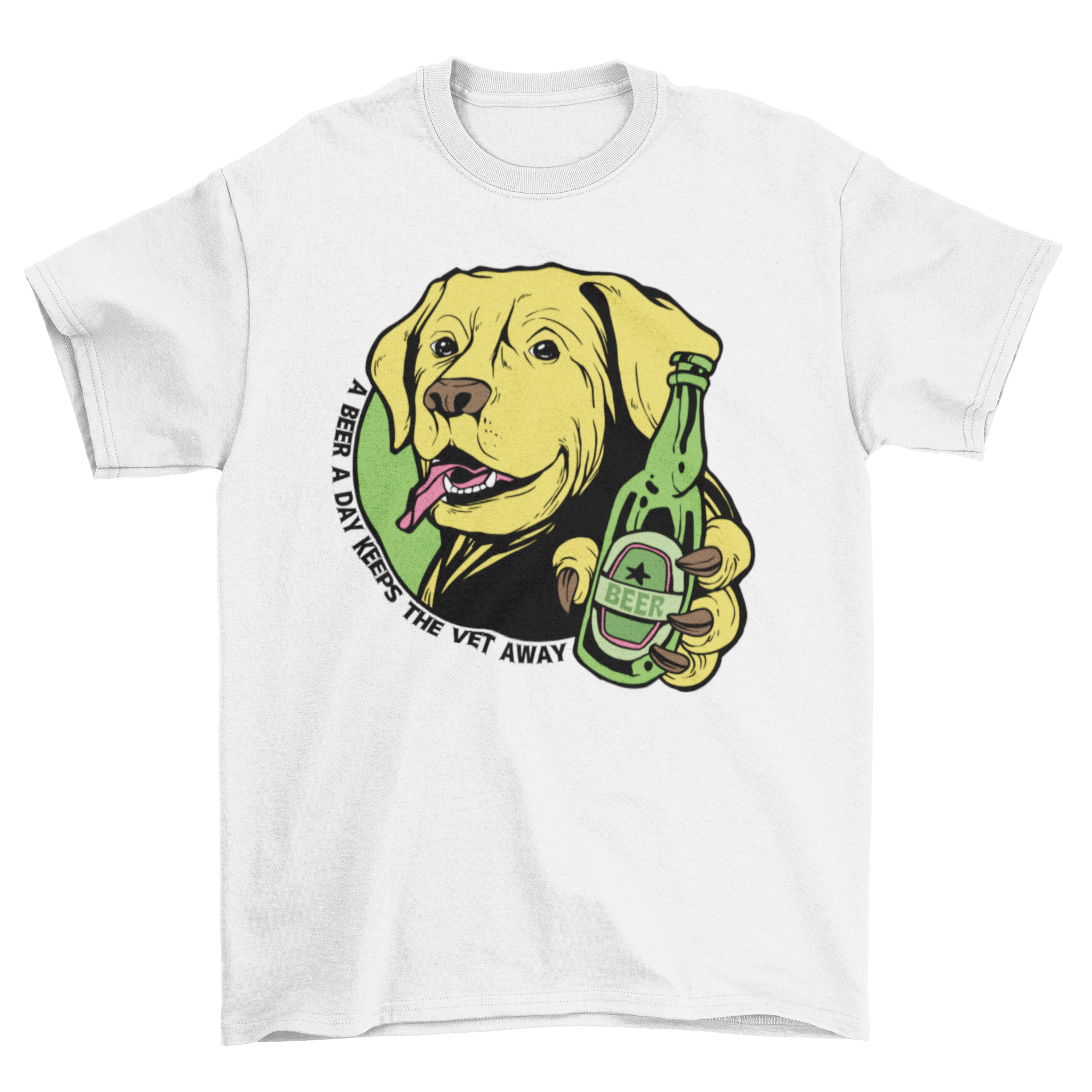 A humorous t-shirt featuring a golden retriever holding a beer bottle with the quote 'A beer a day keeps the vet away'.