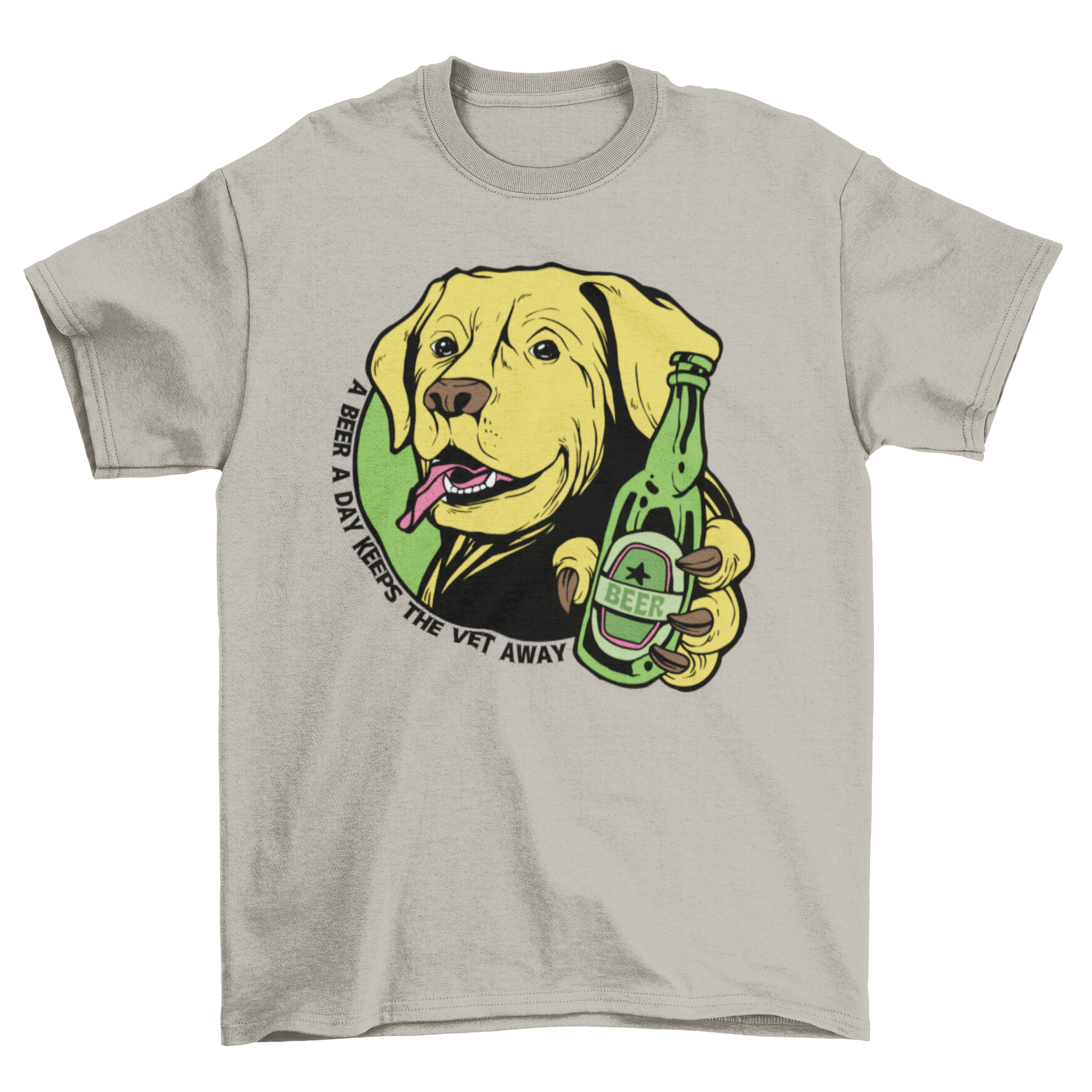 A humorous t-shirt featuring a golden retriever holding a beer bottle with the quote 'A beer a day keeps the vet away'.