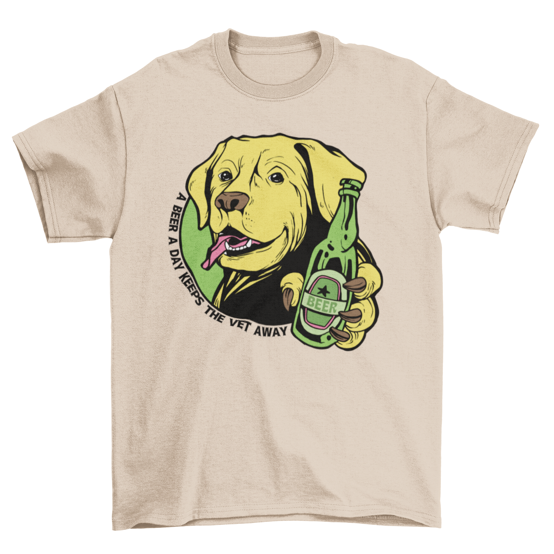 A humorous t-shirt featuring a golden retriever holding a beer bottle with the quote 'A beer a day keeps the vet away'.