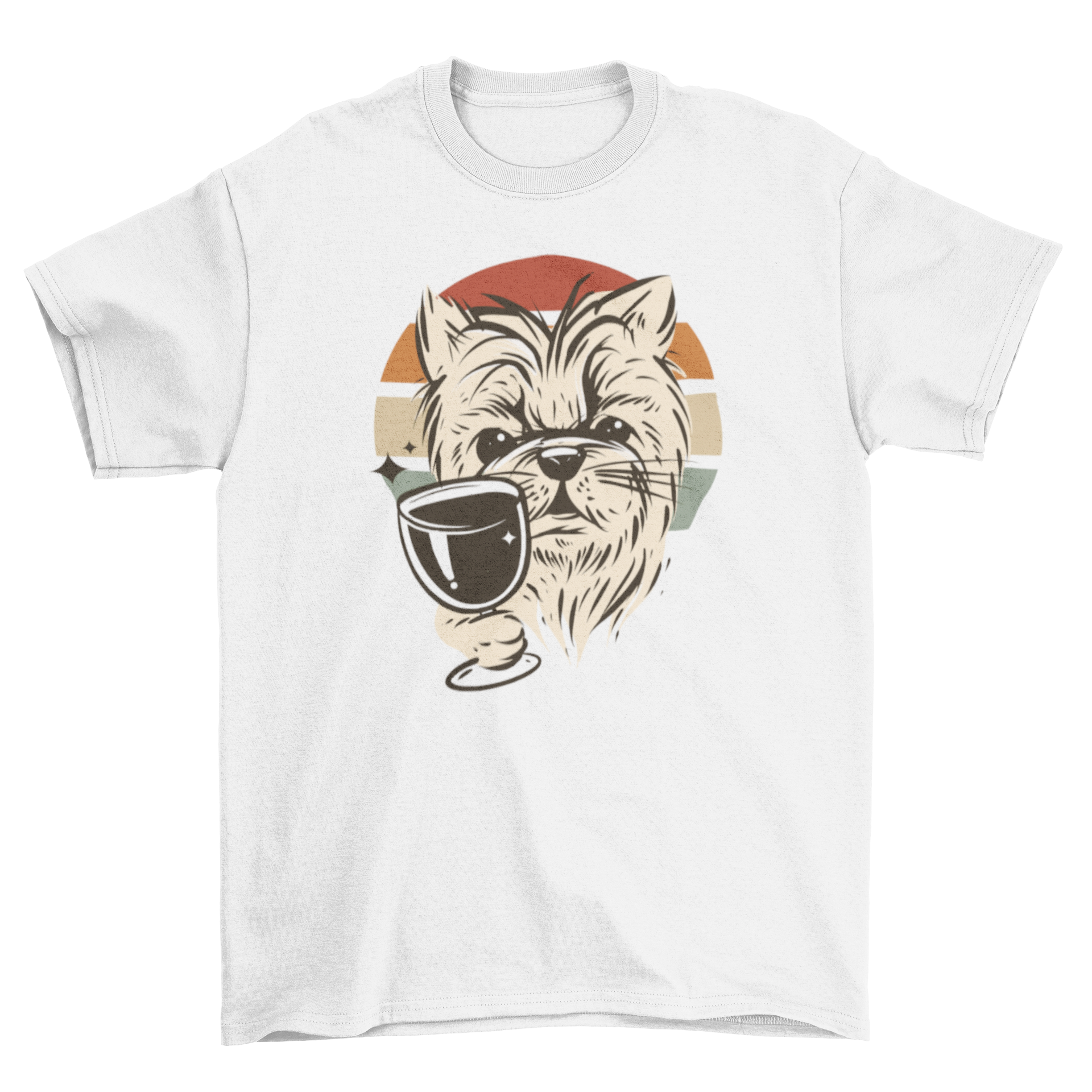 A stylish retro t-shirt featuring a dog drinking wine against a colorful sunset background.