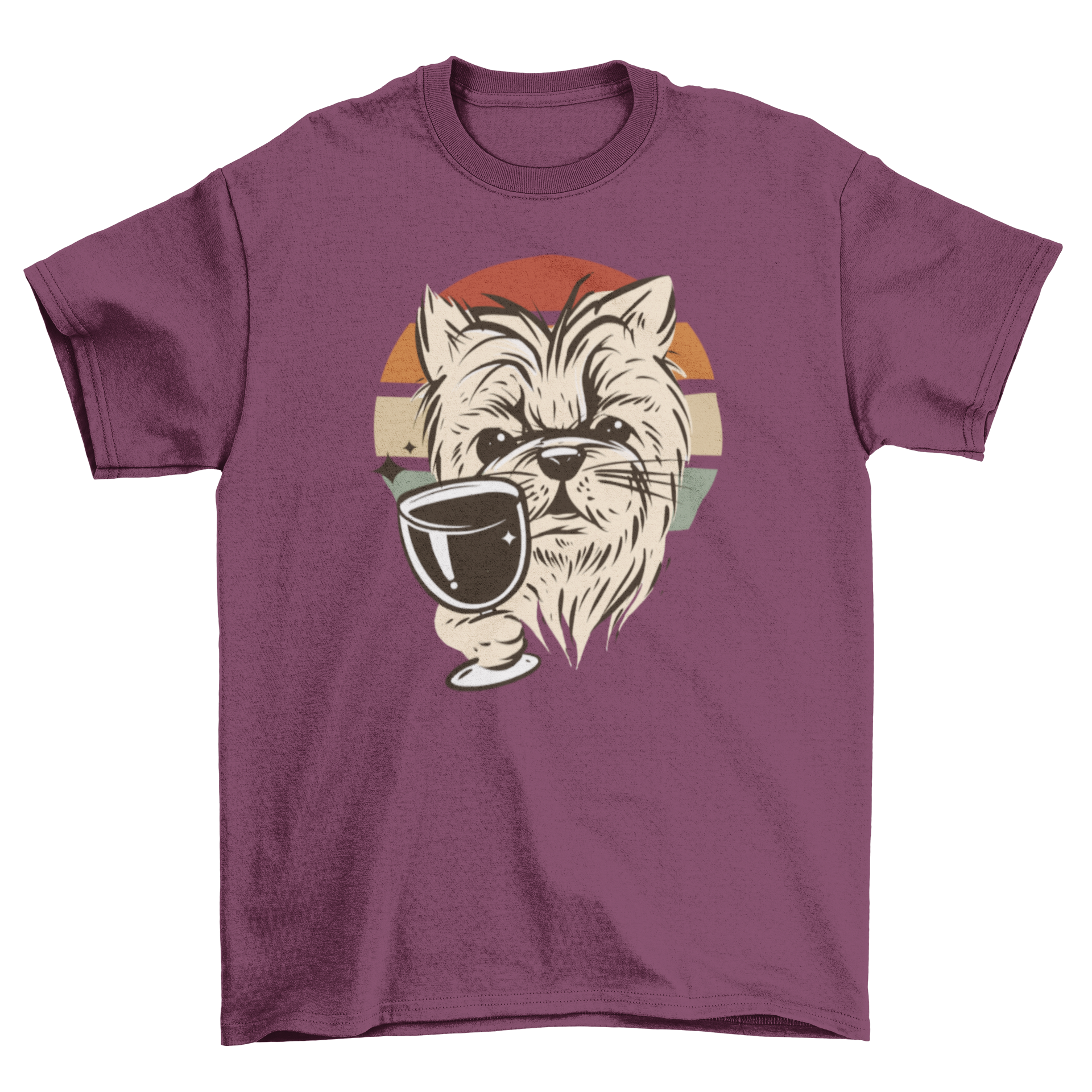 A stylish retro t-shirt featuring a dog drinking wine against a colorful sunset background.