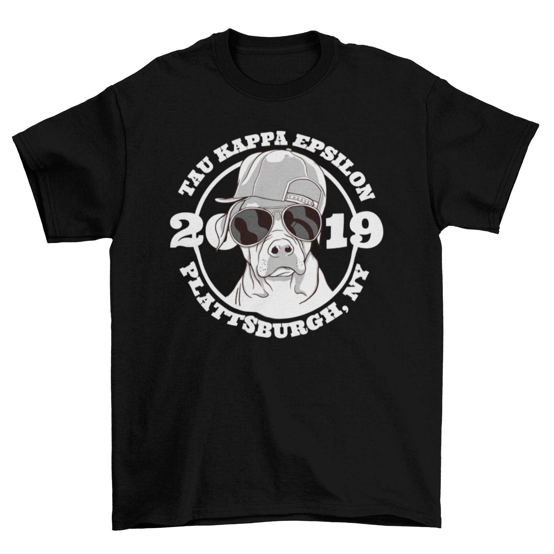 Dog Fraternity T-shirt featuring a dog in a cap and sunglasses with TAU KAPPA EPSILON 2019 text.