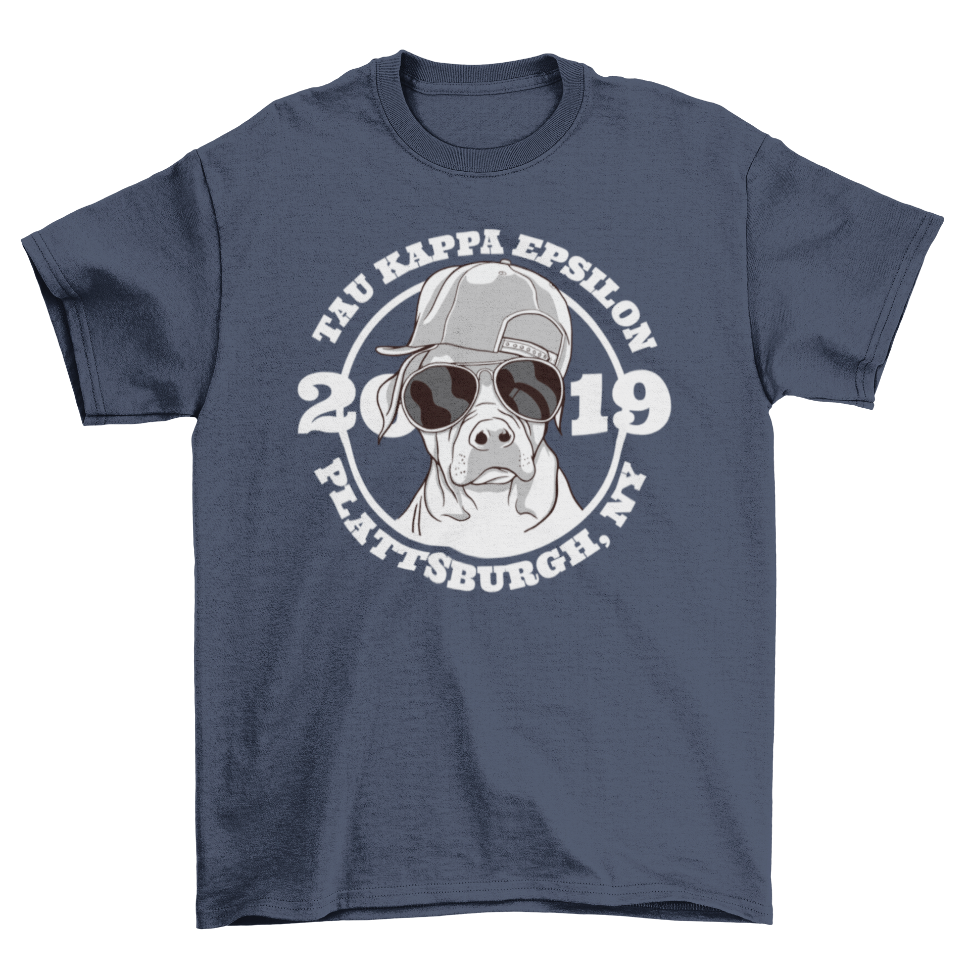 Dog Fraternity T-shirt featuring a dog in a cap and sunglasses with TAU KAPPA EPSILON 2019 text.