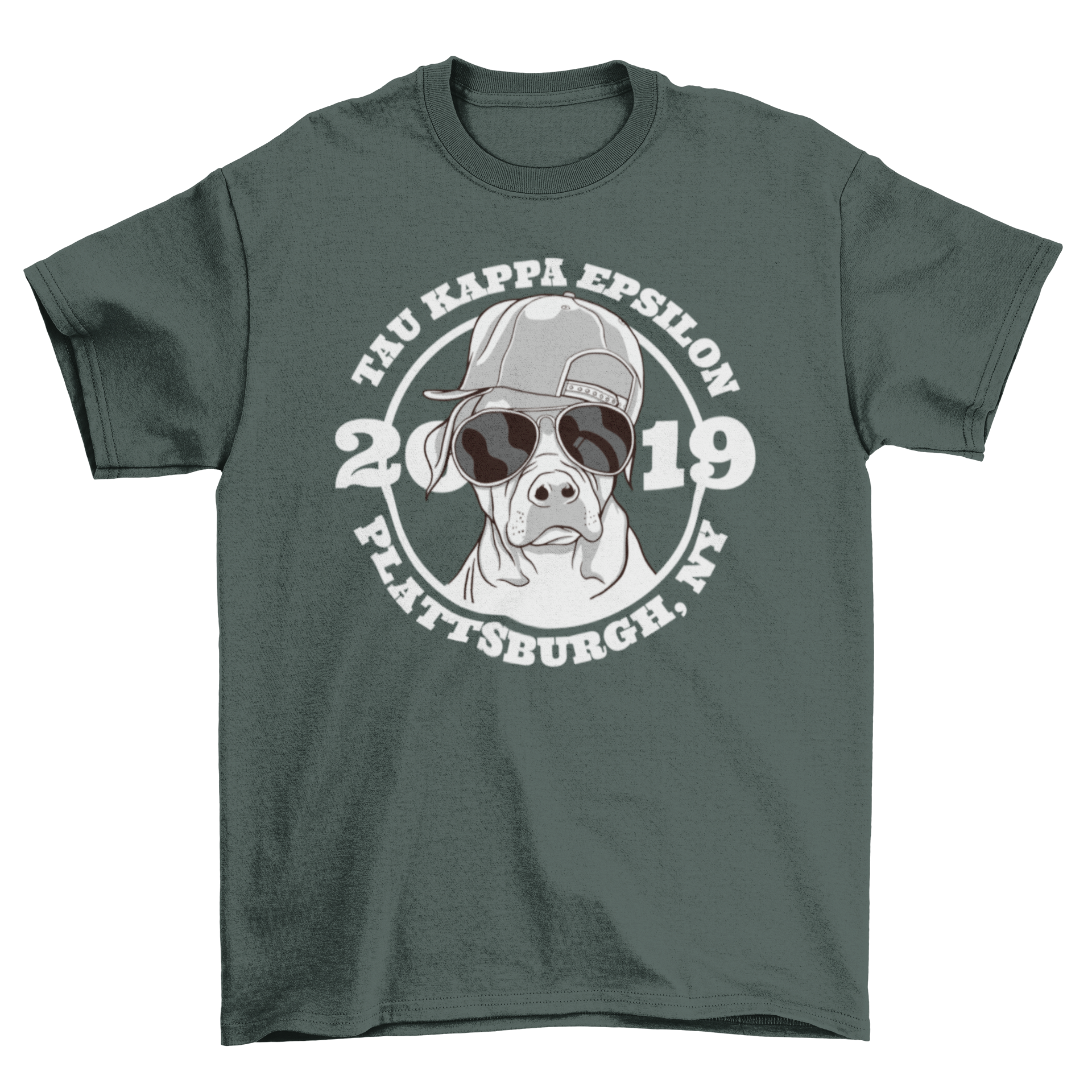 Dog Fraternity T-shirt featuring a dog in a cap and sunglasses with TAU KAPPA EPSILON 2019 text.