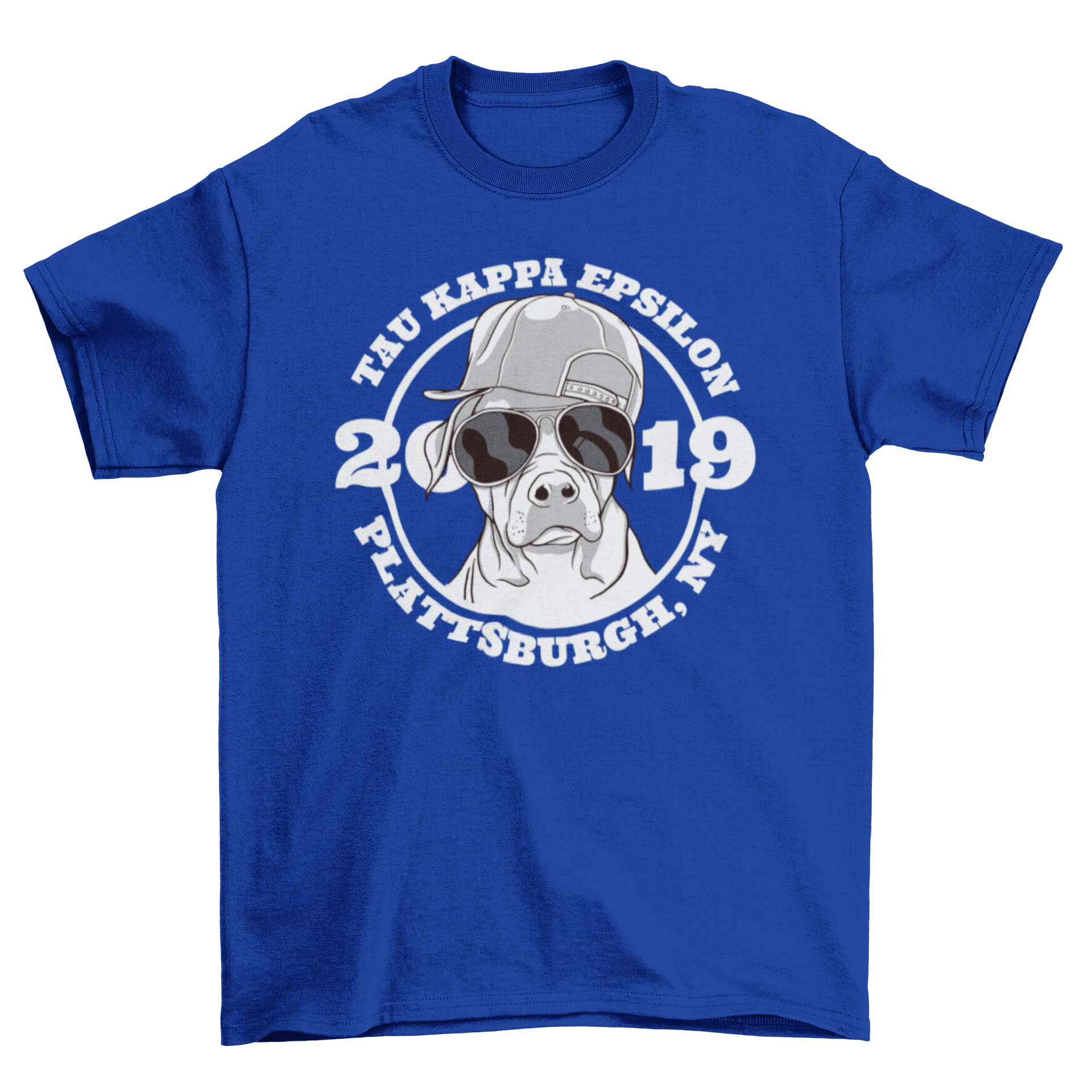 Dog Fraternity T-shirt featuring a dog in a cap and sunglasses with TAU KAPPA EPSILON 2019 text.