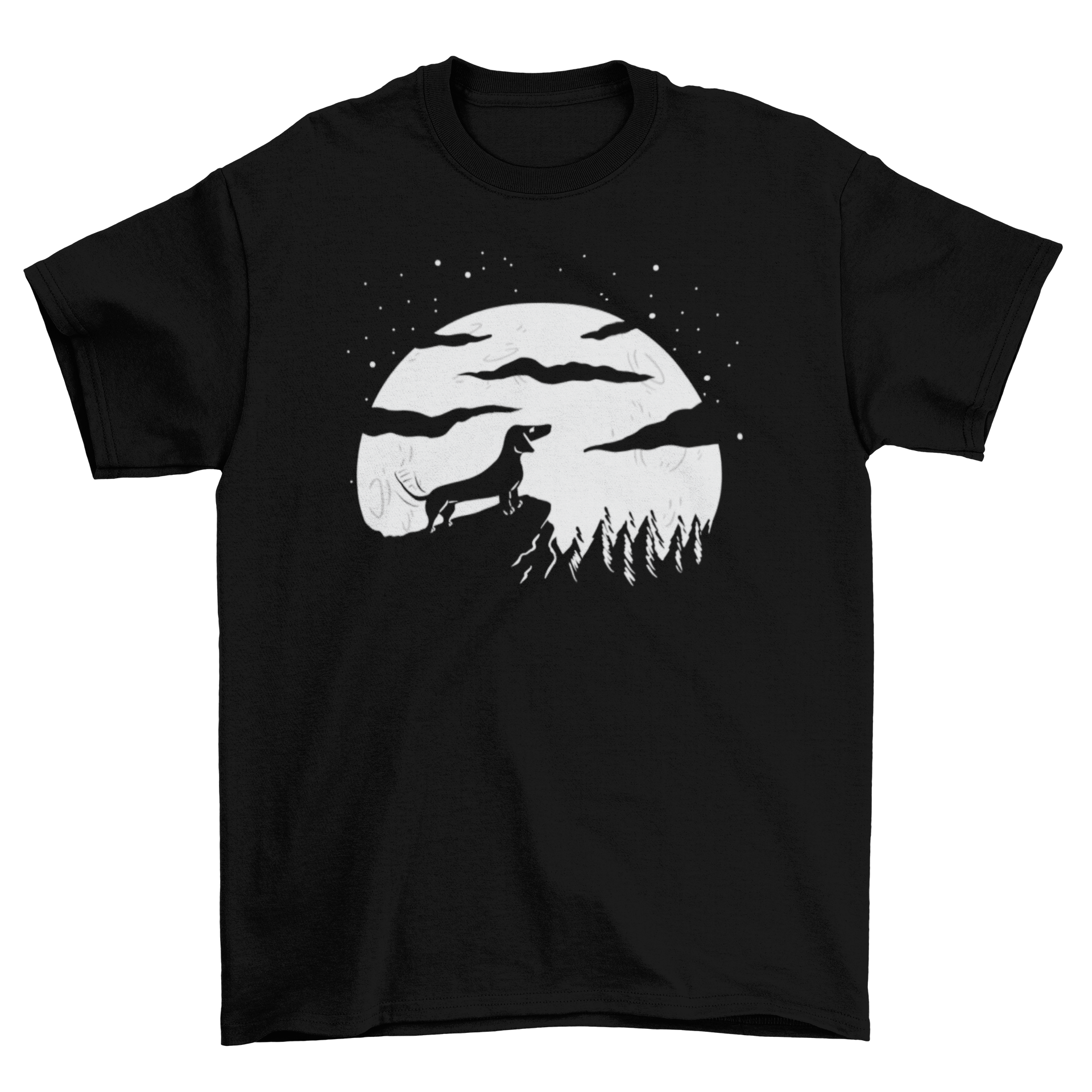 A stylish t-shirt featuring a silhouette of a dog against a full moon backdrop, perfect for dog lovers.