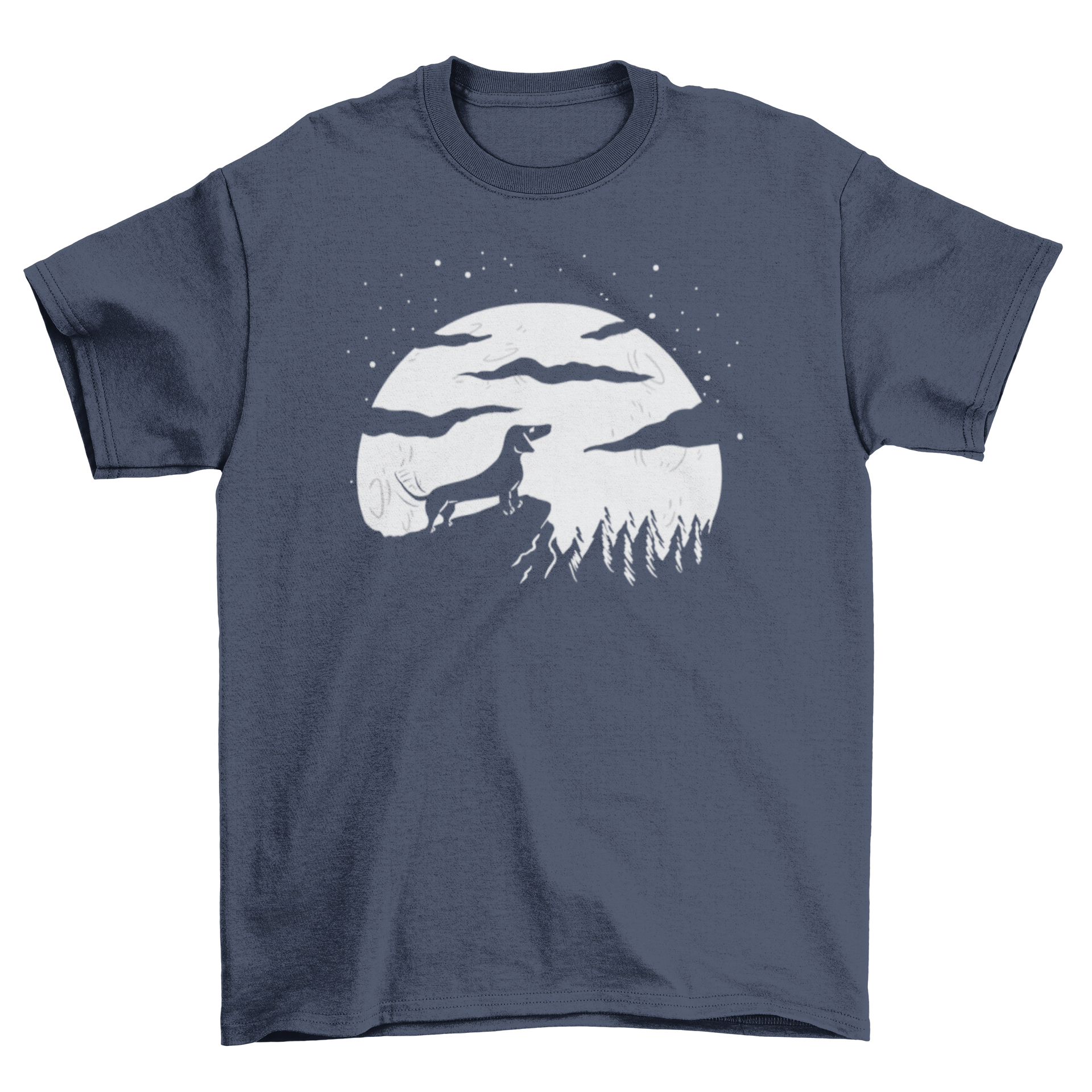 A stylish t-shirt featuring a silhouette of a dog against a full moon backdrop, perfect for dog lovers.