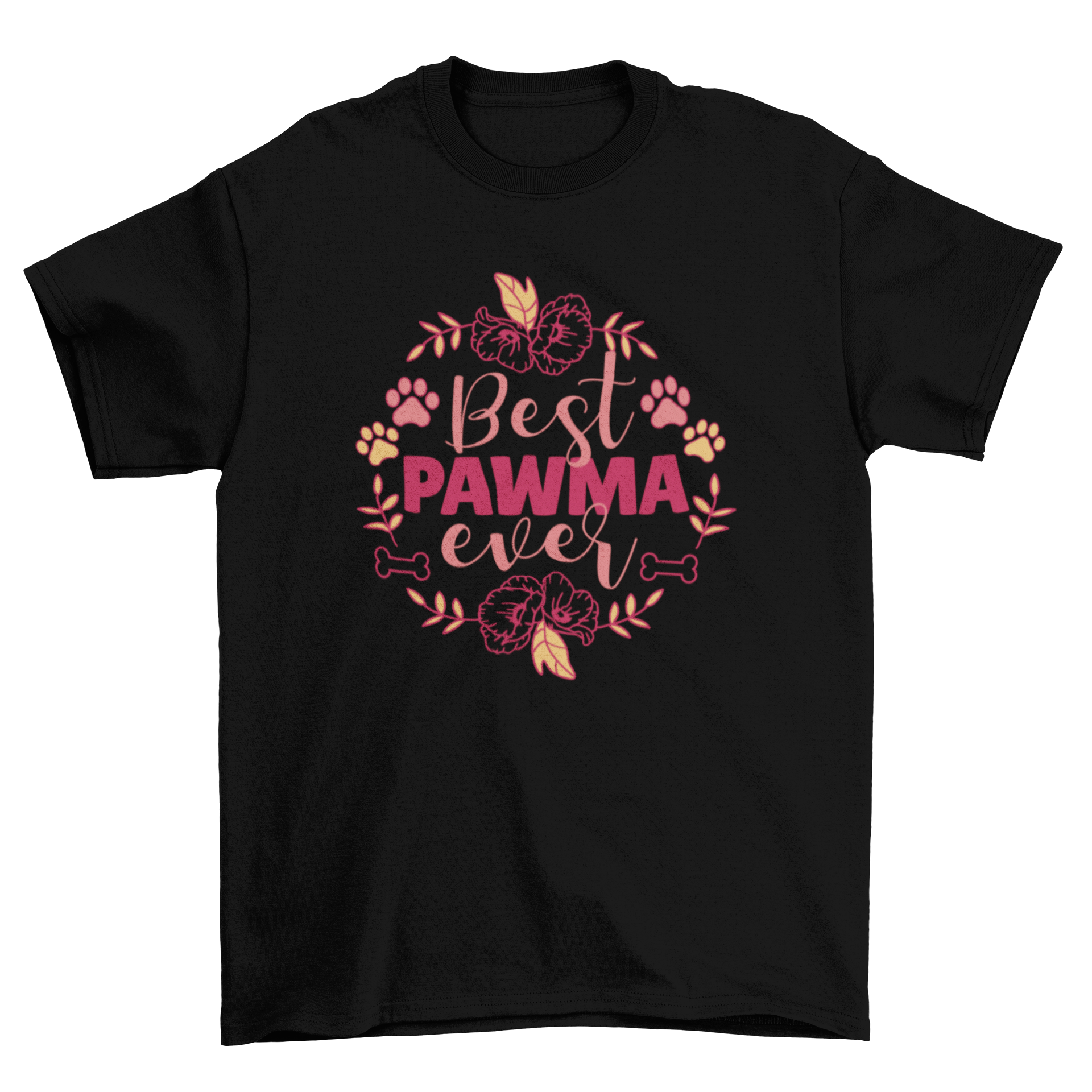 Cute t-shirt featuring 'Best Pawma Ever' quote with floral and bone designs, perfect for dog grandmas.