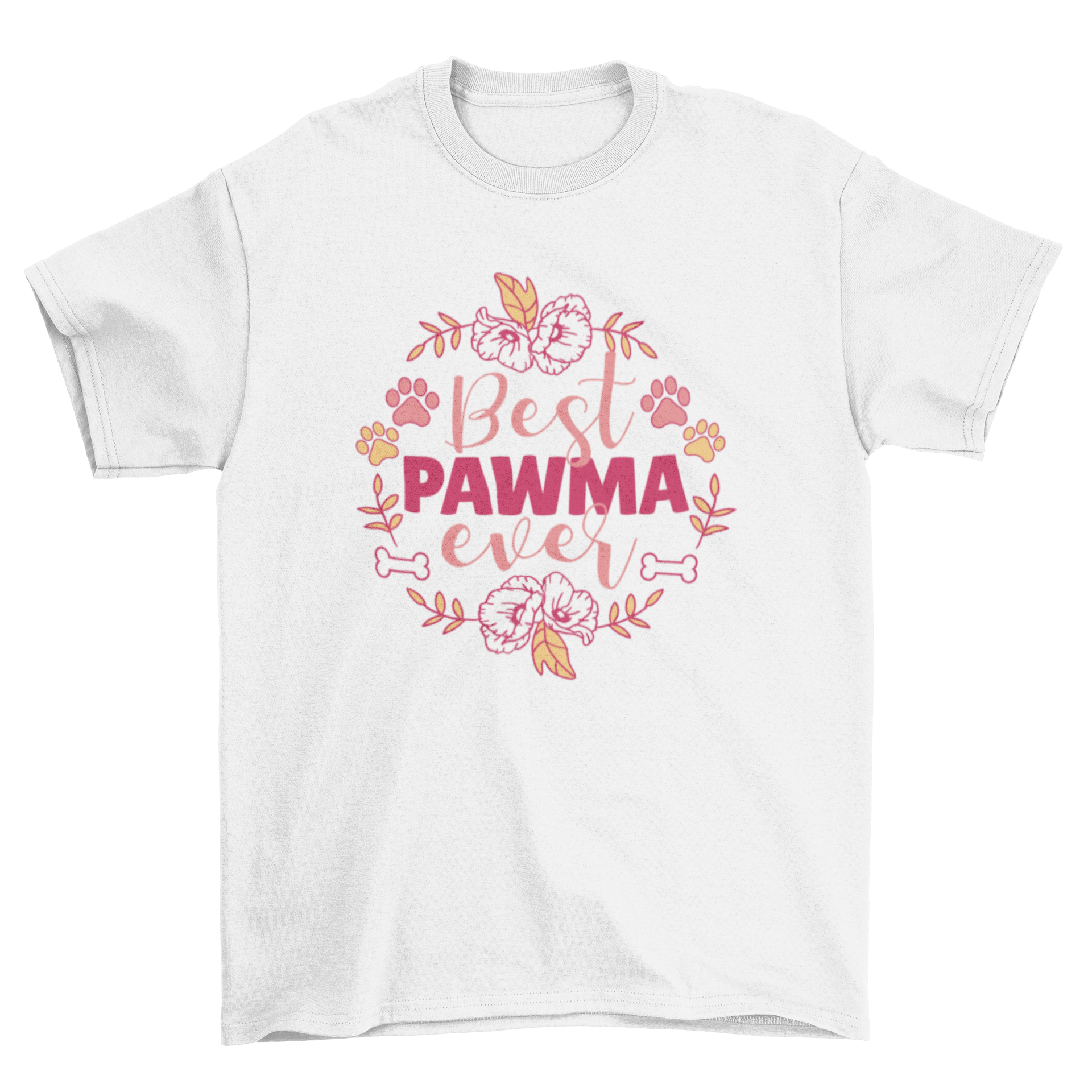 Cute t-shirt featuring 'Best Pawma Ever' quote with floral and bone designs, perfect for dog grandmas.