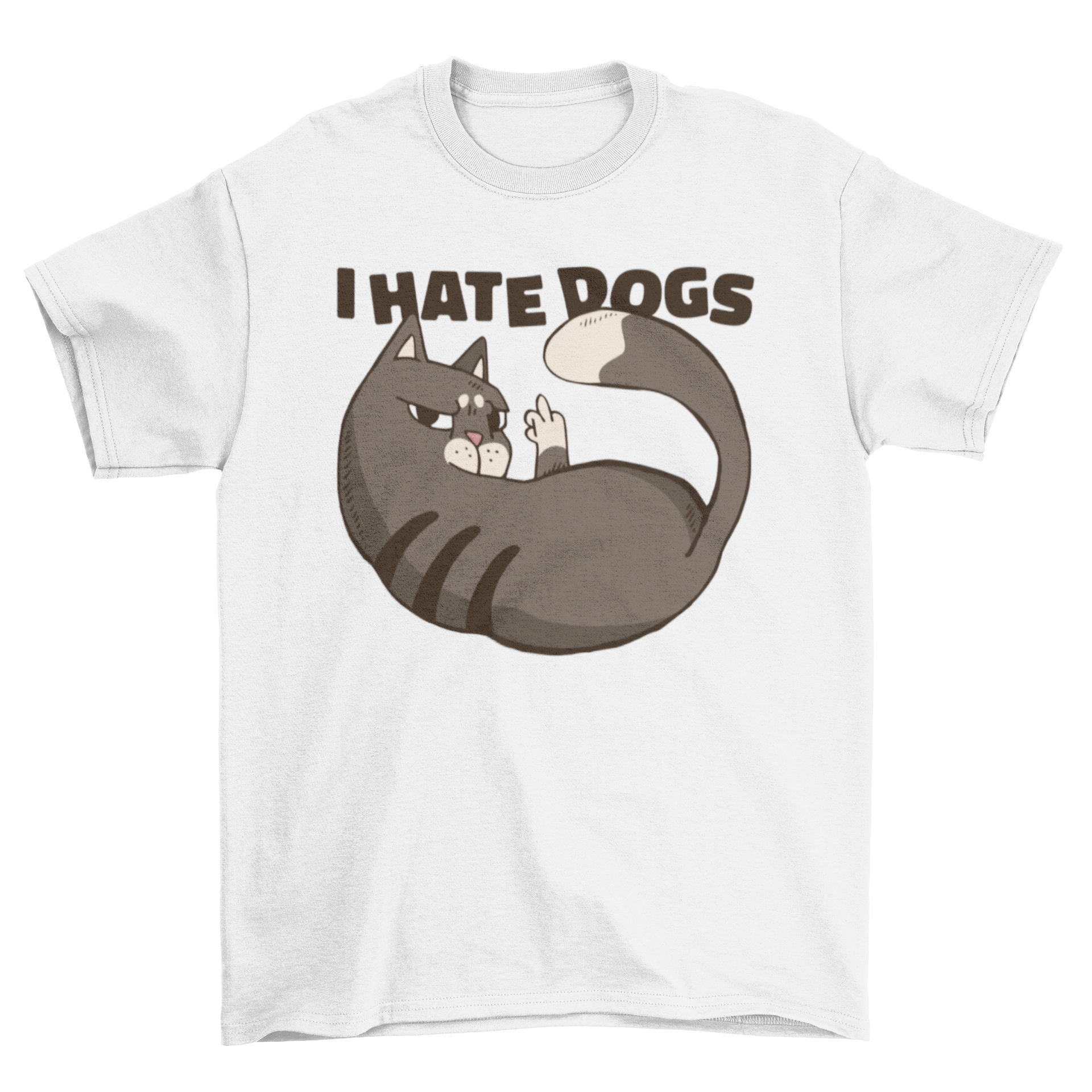 A humorous t-shirt featuring a cartoon cat giving the middle finger with the quote 'I hate dogs'.