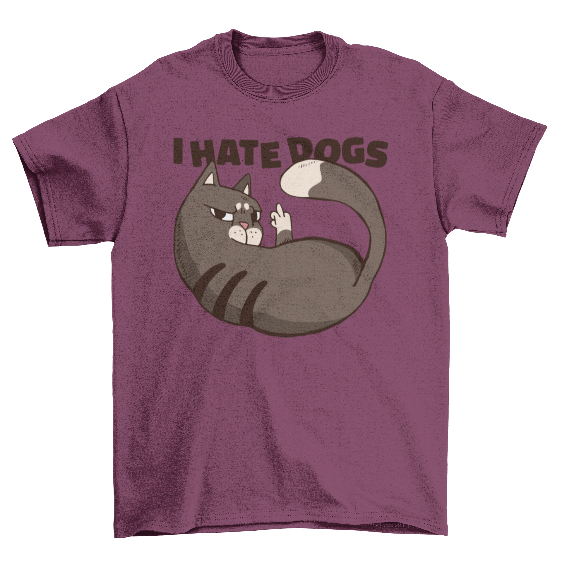 A humorous t-shirt featuring a cartoon cat giving the middle finger with the quote 'I hate dogs'.