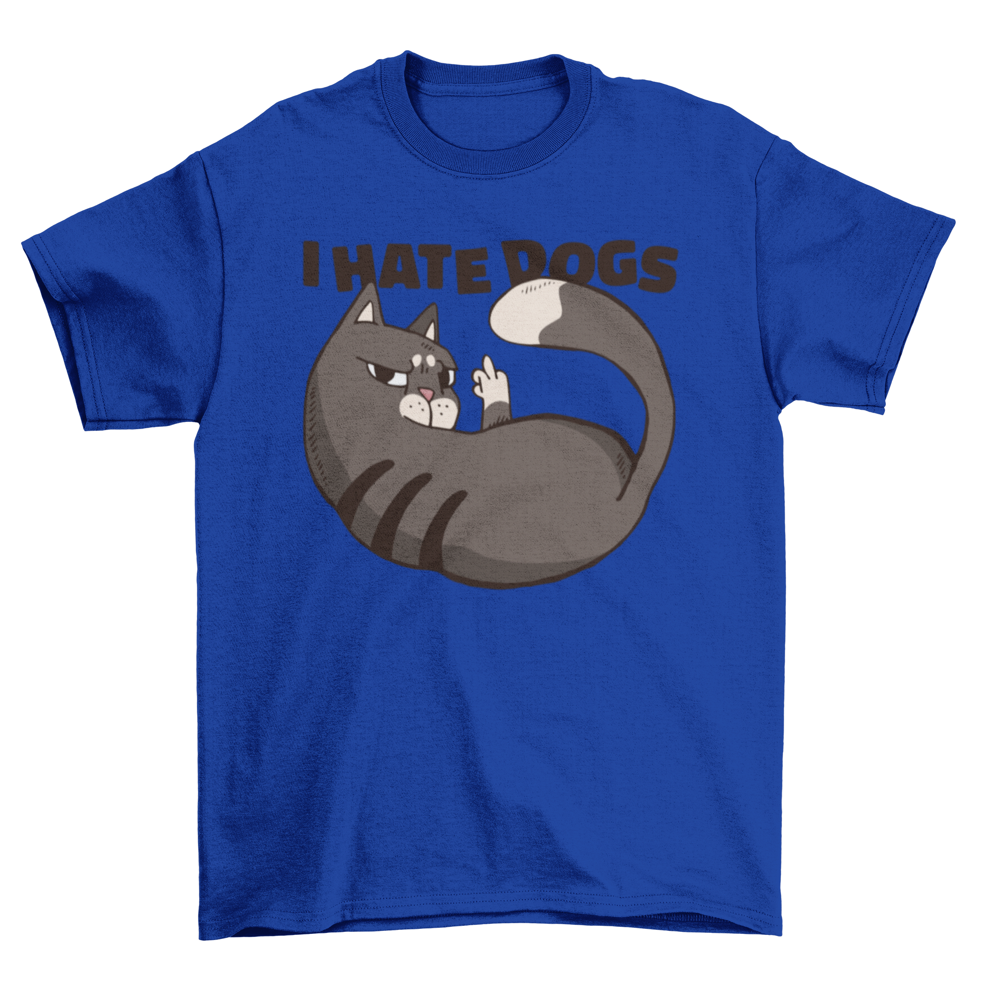 A humorous t-shirt featuring a cartoon cat giving the middle finger with the quote 'I hate dogs'.