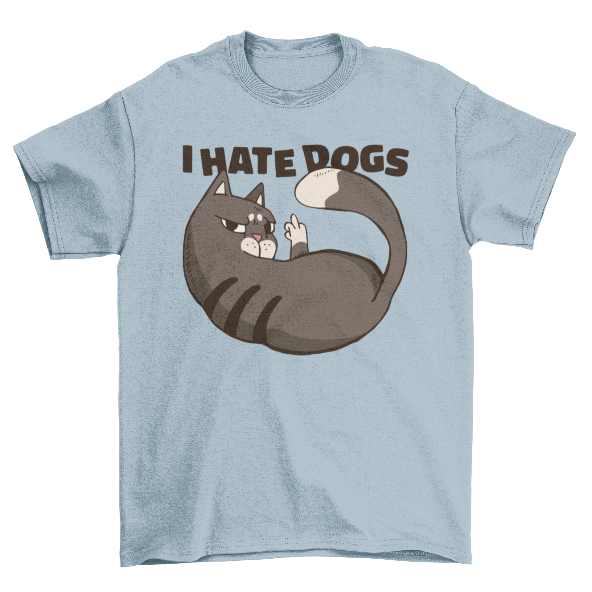 A humorous t-shirt featuring a cartoon cat giving the middle finger with the quote 'I hate dogs'.