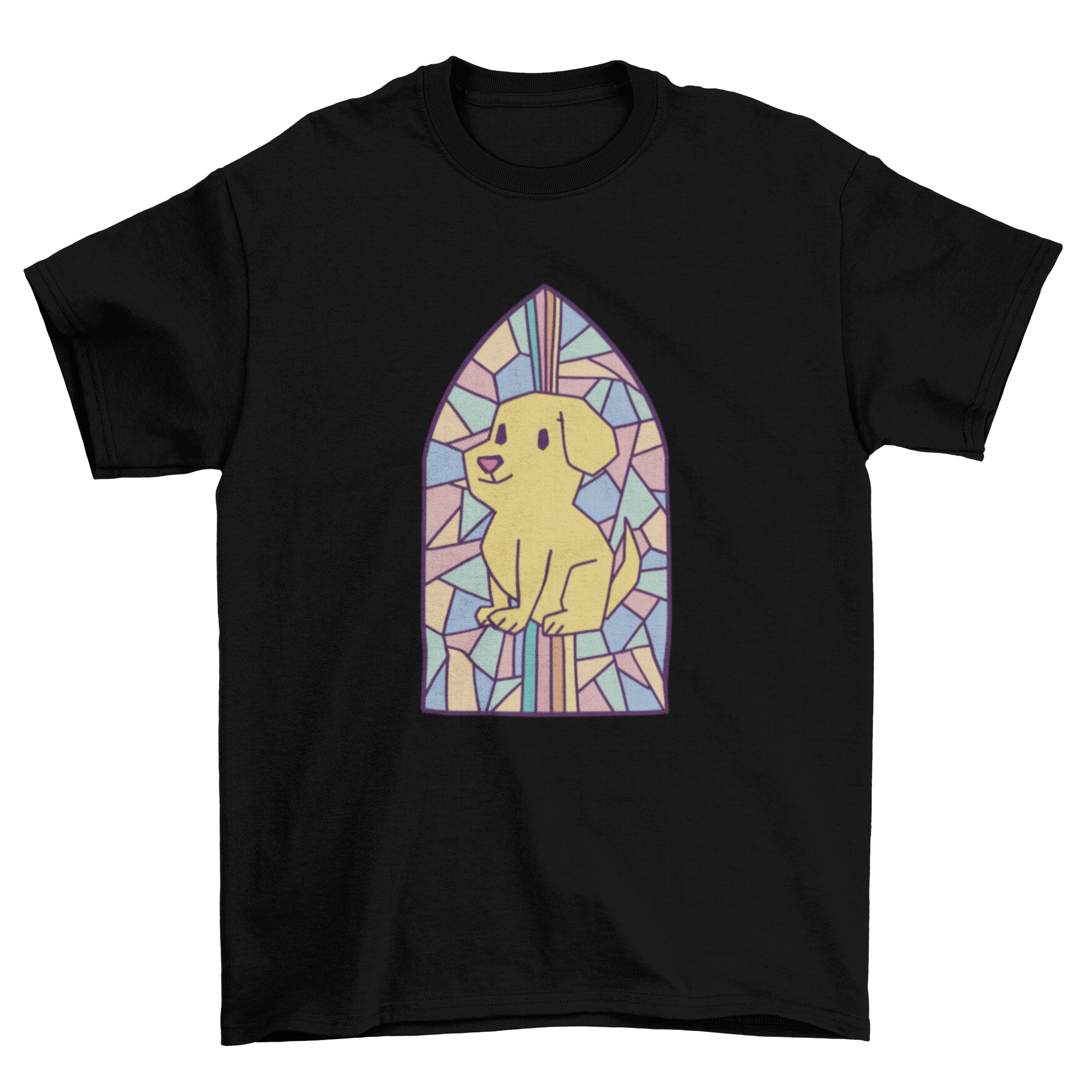 Colorful t-shirt design featuring a dog illustration in a church window, showcasing artistic strokes.