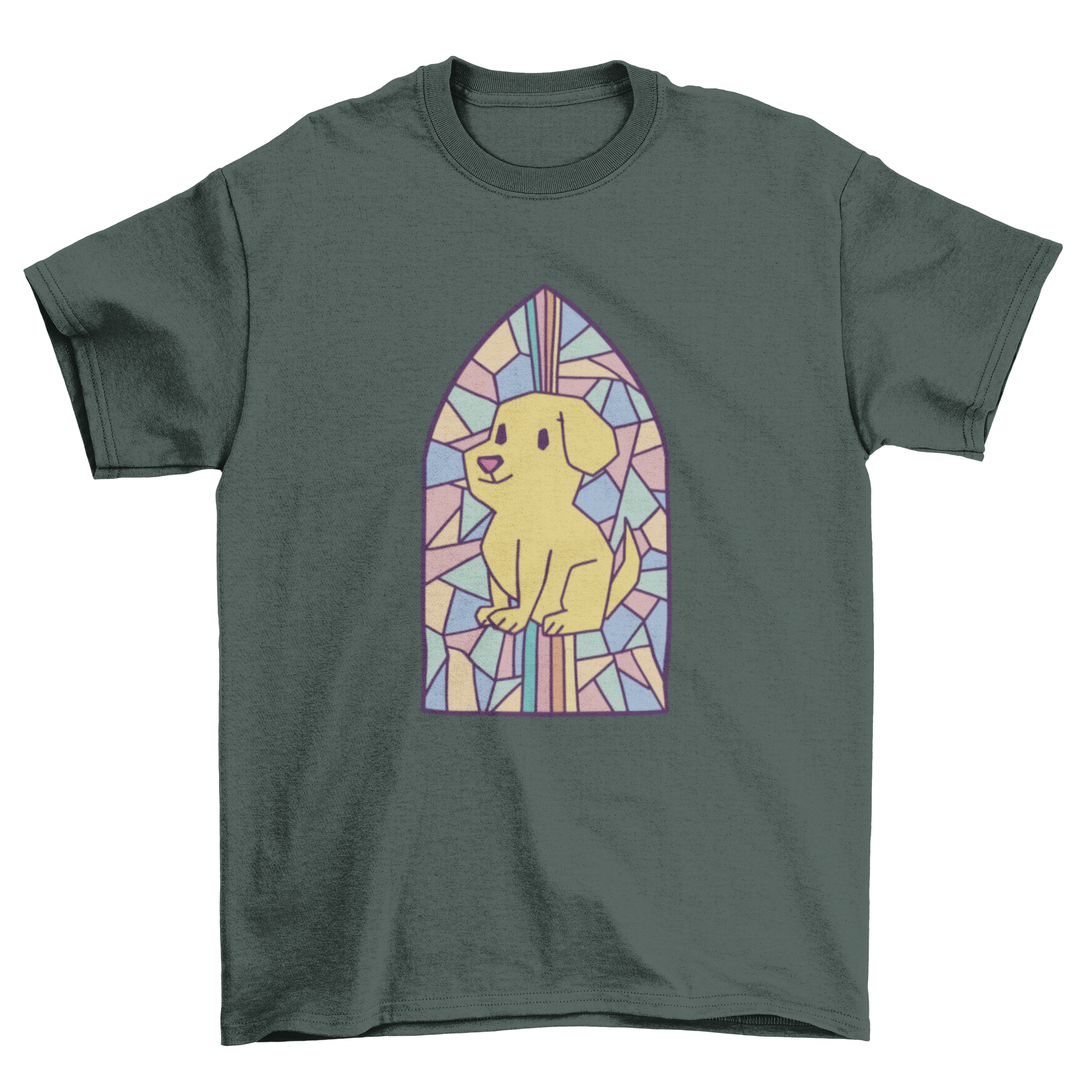 Colorful t-shirt design featuring a dog illustration in a church window, showcasing artistic strokes.