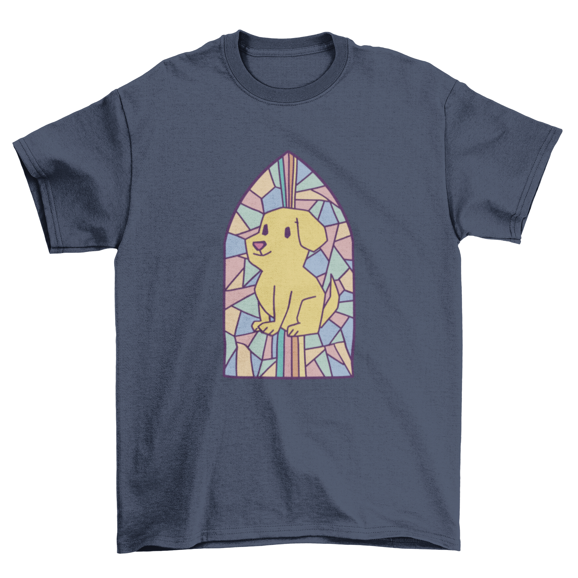 Colorful t-shirt design featuring a dog illustration in a church window, showcasing artistic strokes.