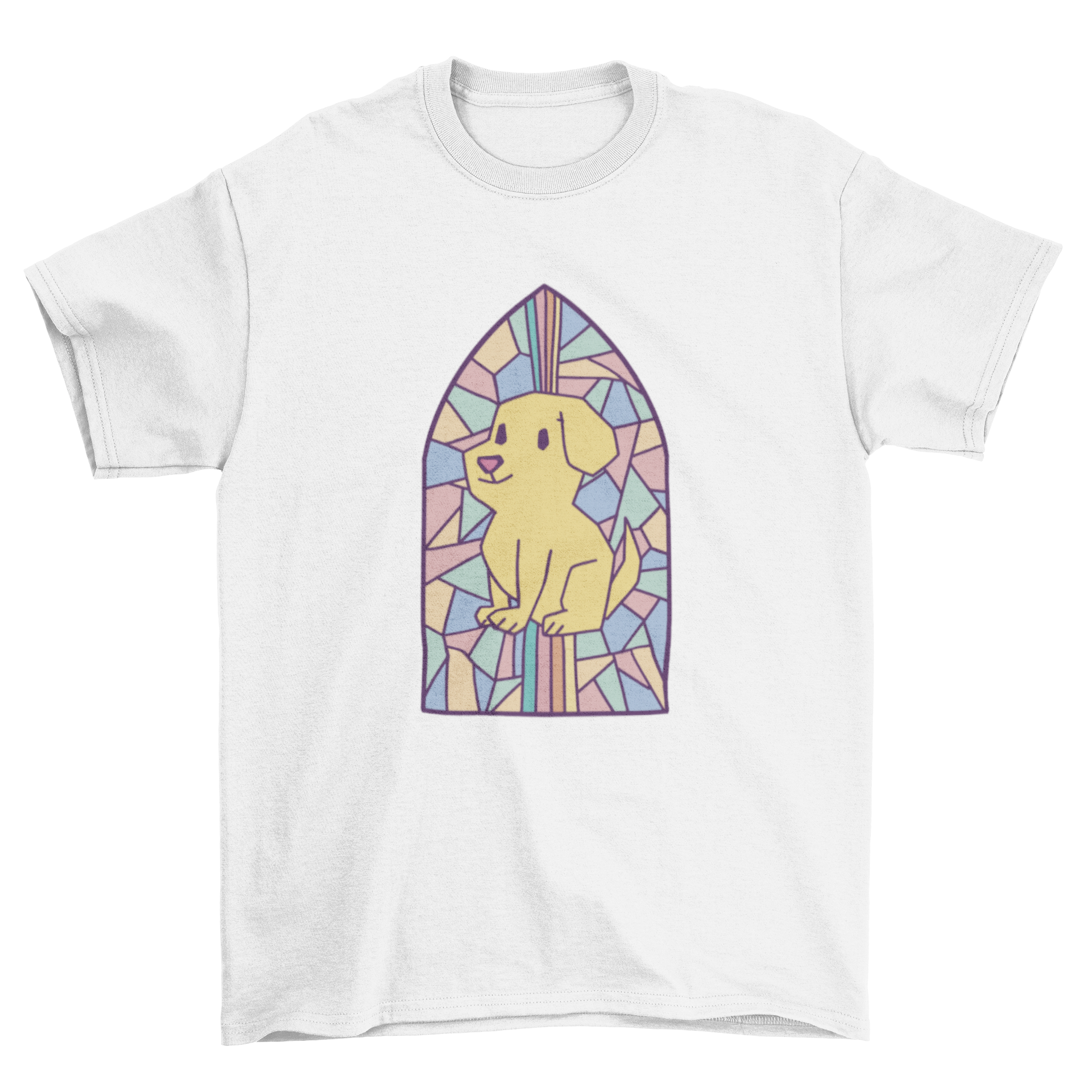 Colorful t-shirt design featuring a dog illustration in a church window, showcasing artistic strokes.