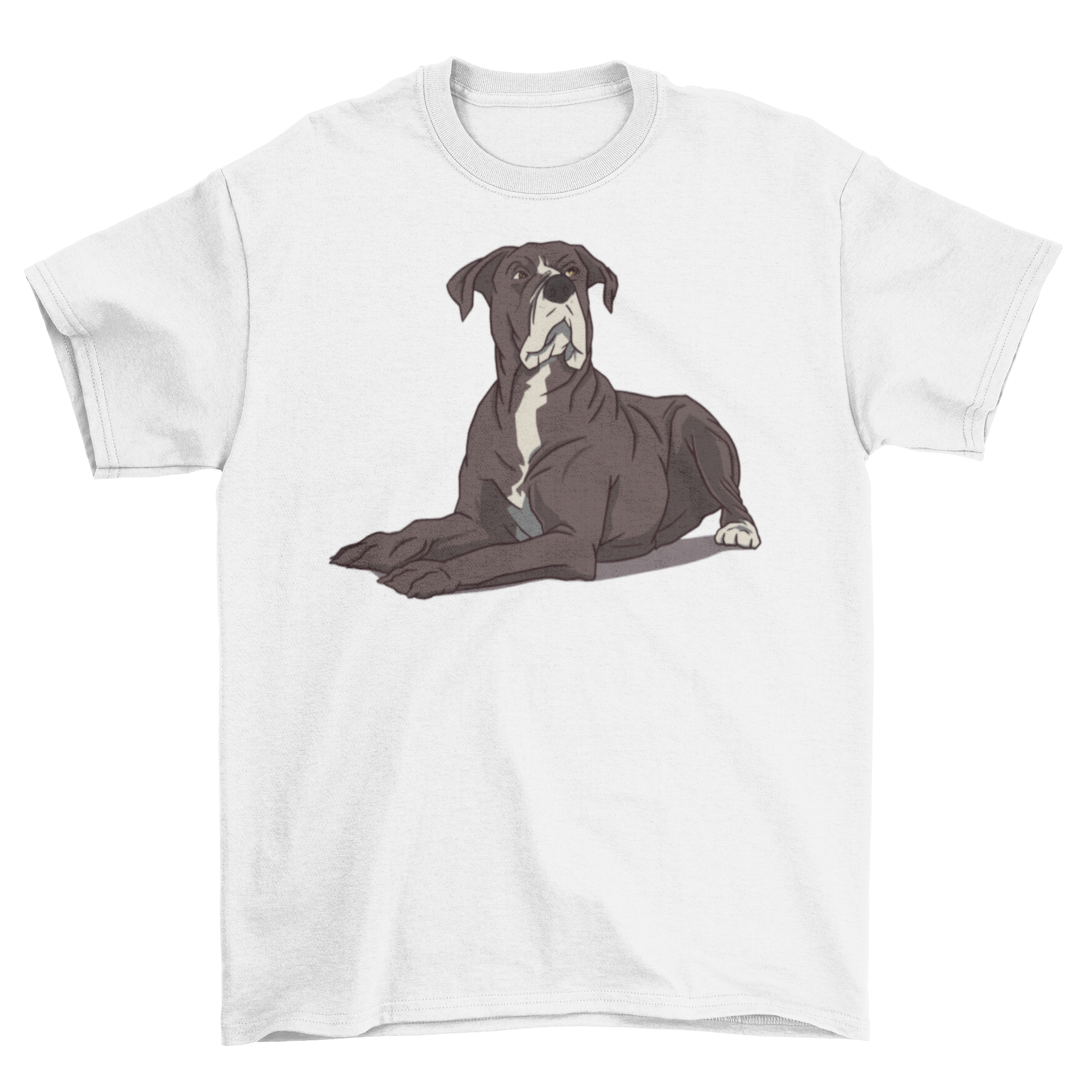 A stylish t-shirt featuring a dog lying down and looking up, perfect for dog lovers.