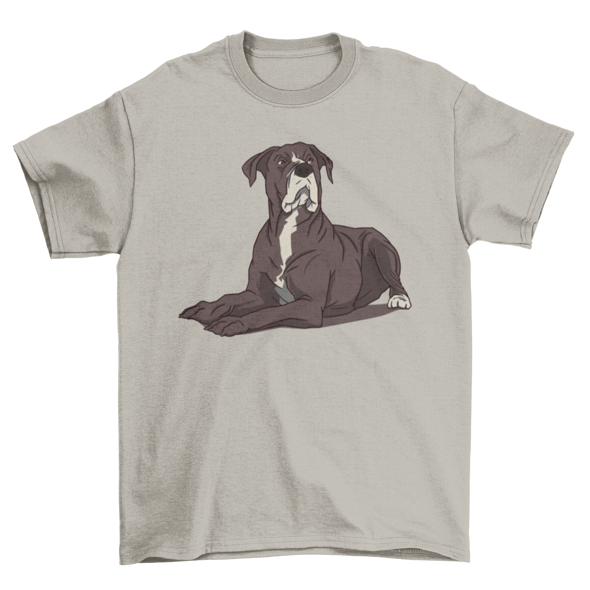 A stylish t-shirt featuring a dog lying down and looking up, perfect for dog lovers.