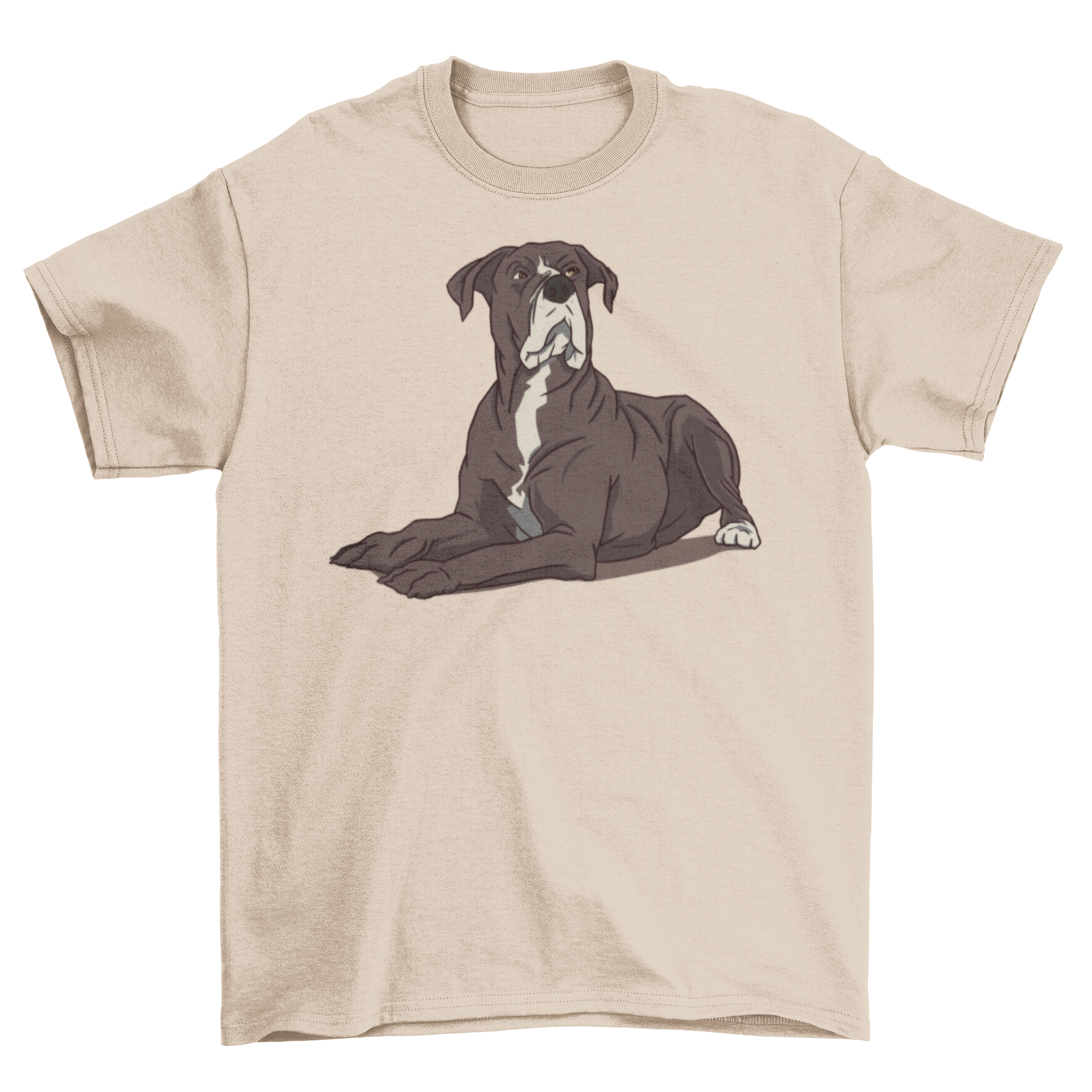 A stylish t-shirt featuring a dog lying down and looking up, perfect for dog lovers.