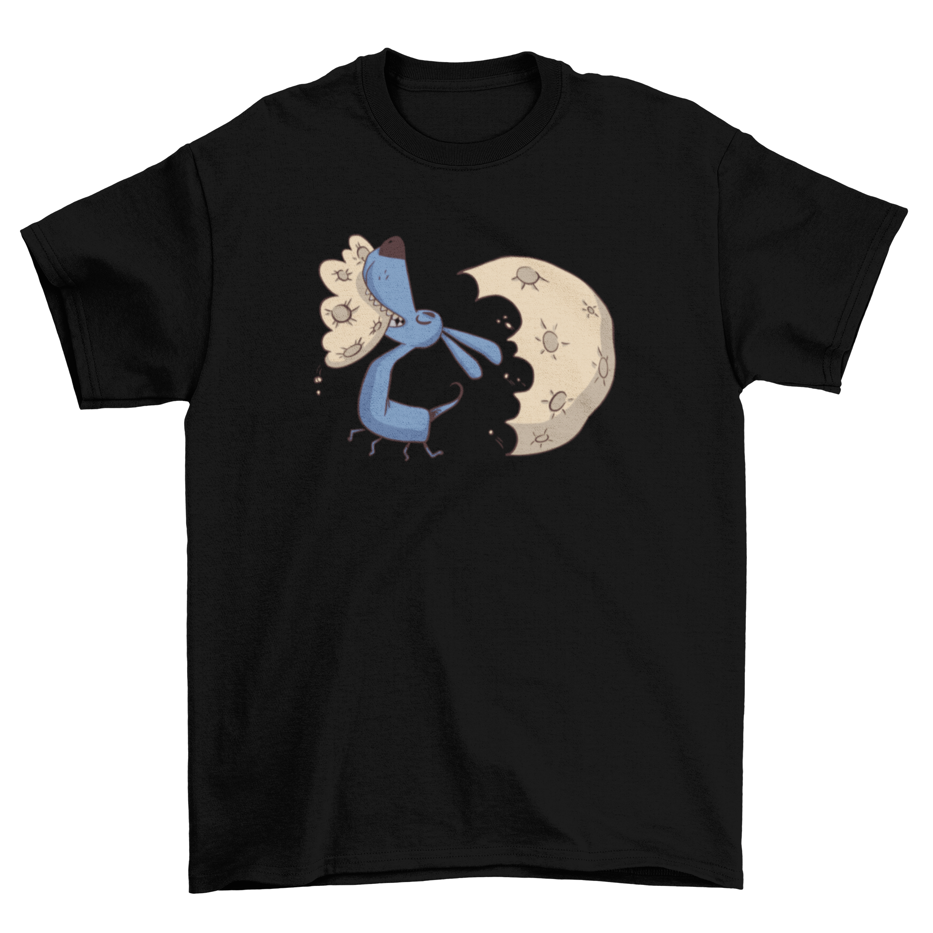 A cute t-shirt featuring a playful illustration of a dog biting the moon, perfect for dog lovers.