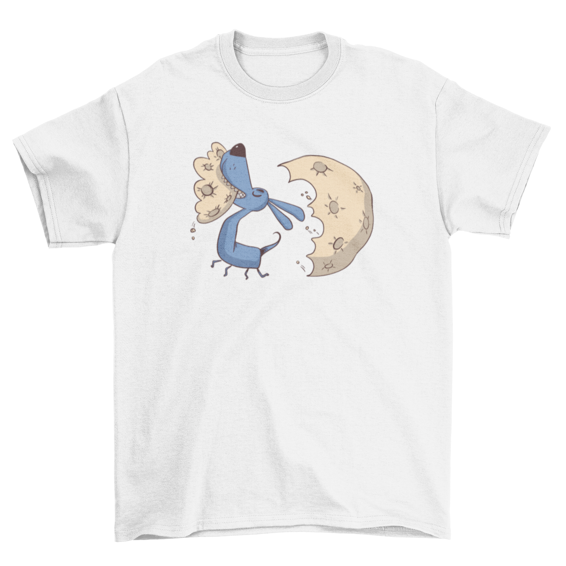 A cute t-shirt featuring a playful illustration of a dog biting the moon, perfect for dog lovers.