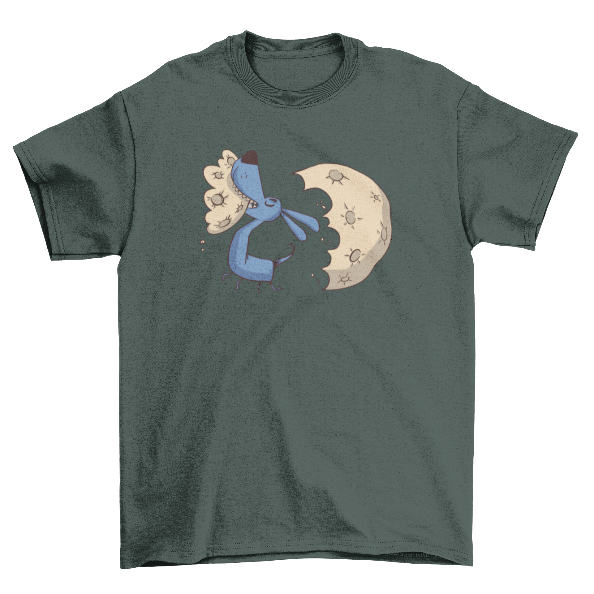 A cute t-shirt featuring a playful illustration of a dog biting the moon, perfect for dog lovers.