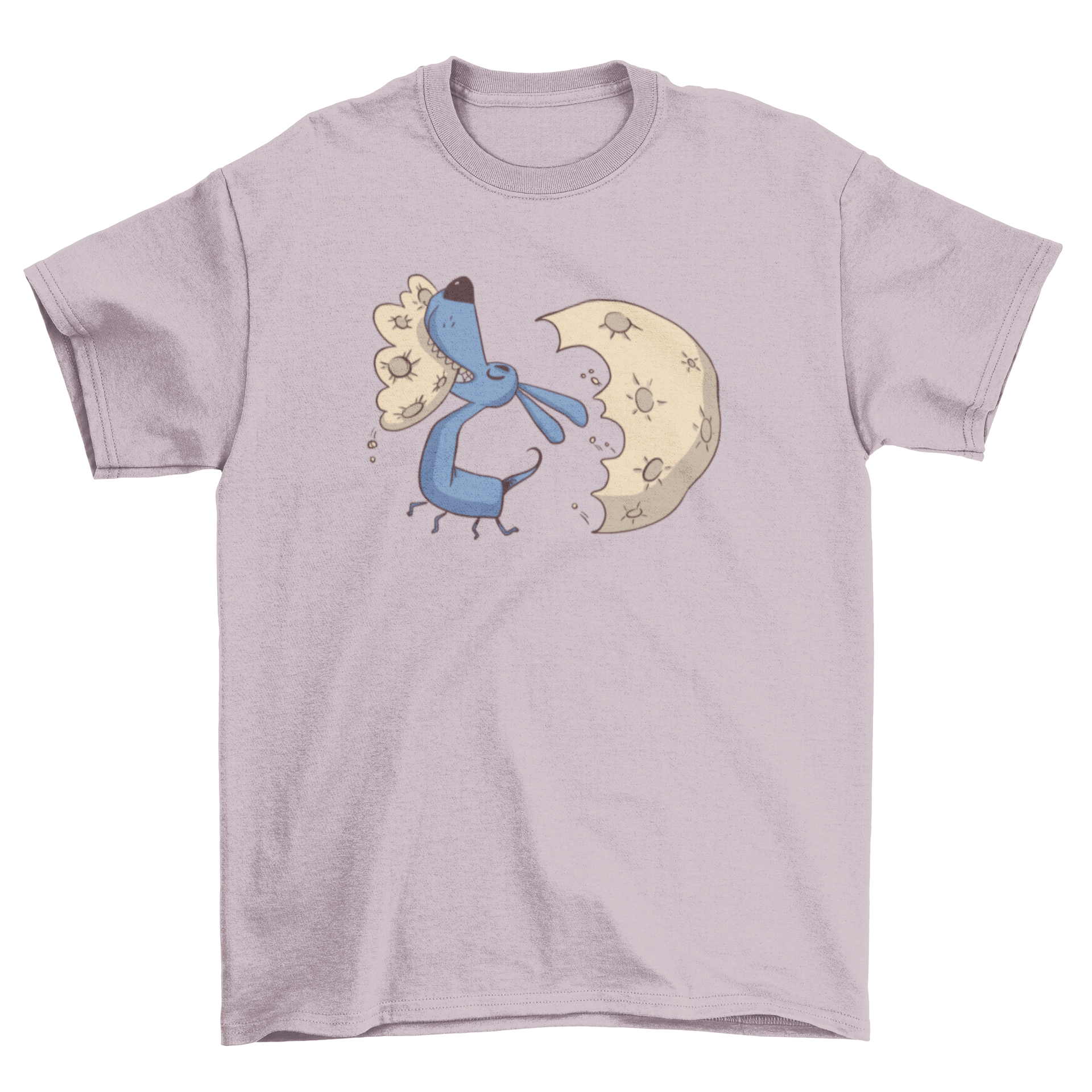 A cute t-shirt featuring a playful illustration of a dog biting the moon, perfect for dog lovers.