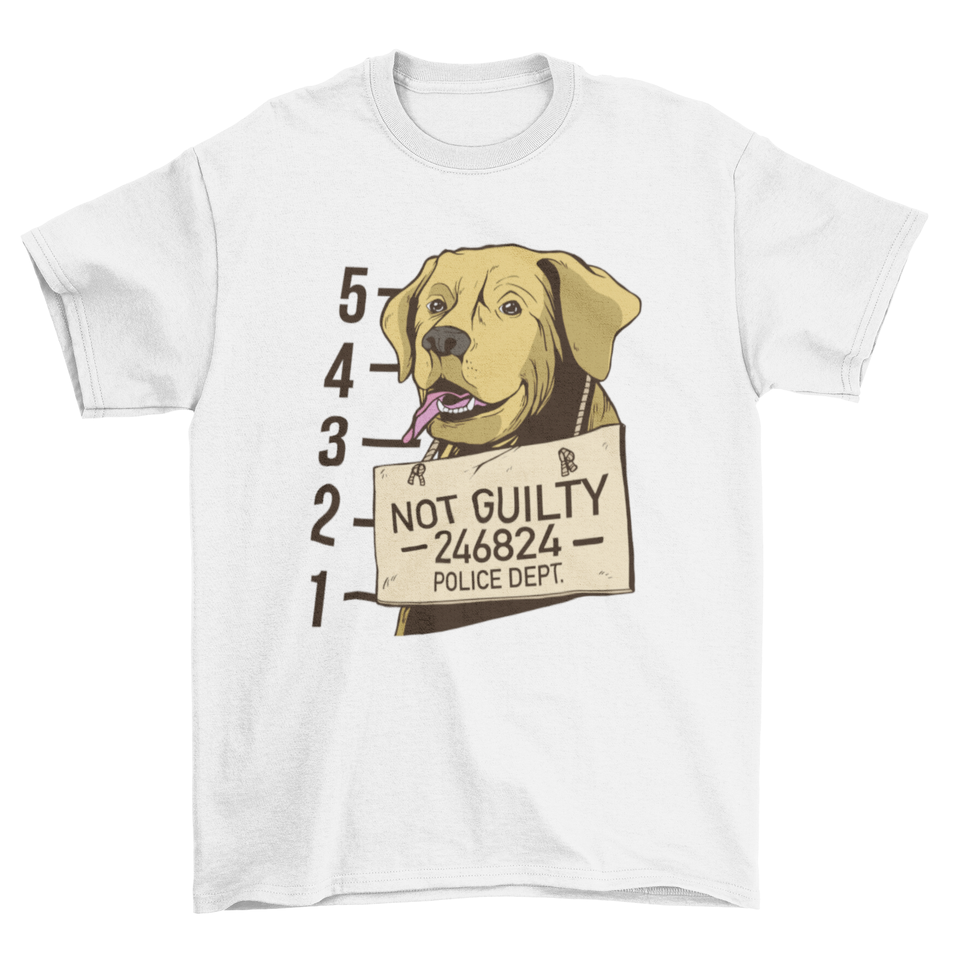 A humorous t-shirt featuring a labrador's mugshot with a sign saying 'Not guilty'.