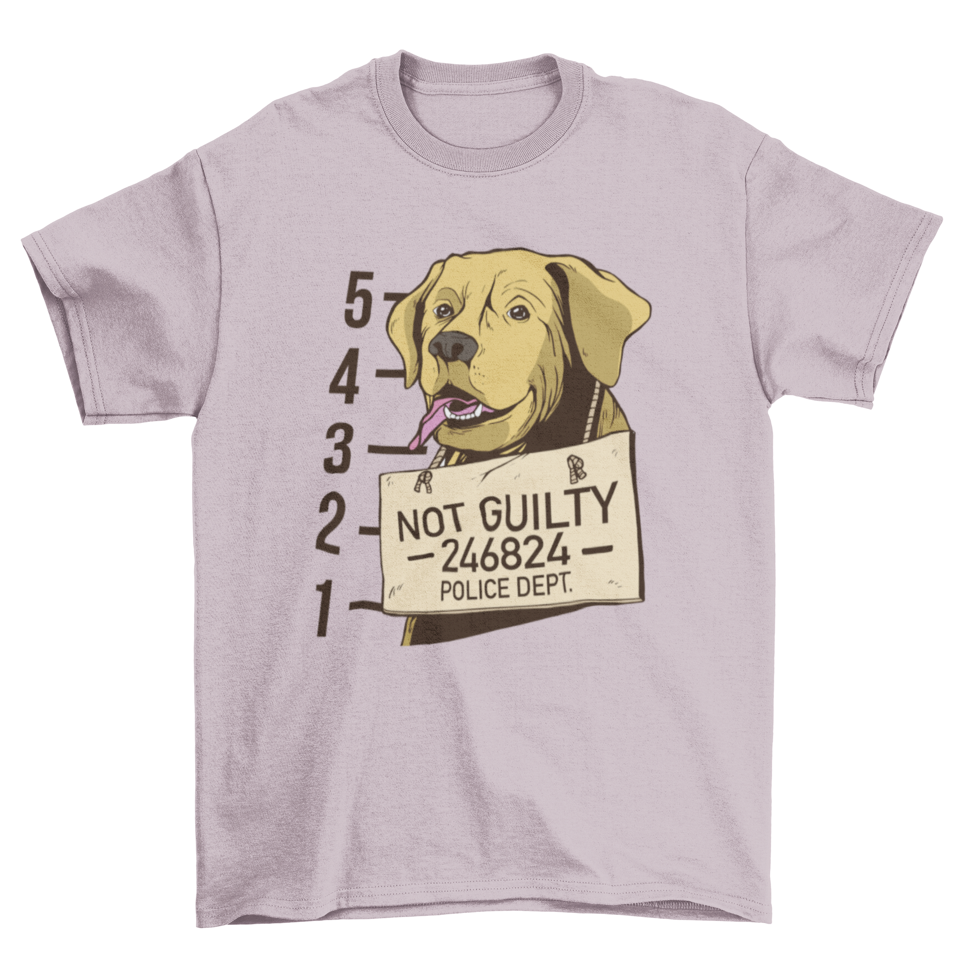 A humorous t-shirt featuring a labrador's mugshot with a sign saying 'Not guilty'.