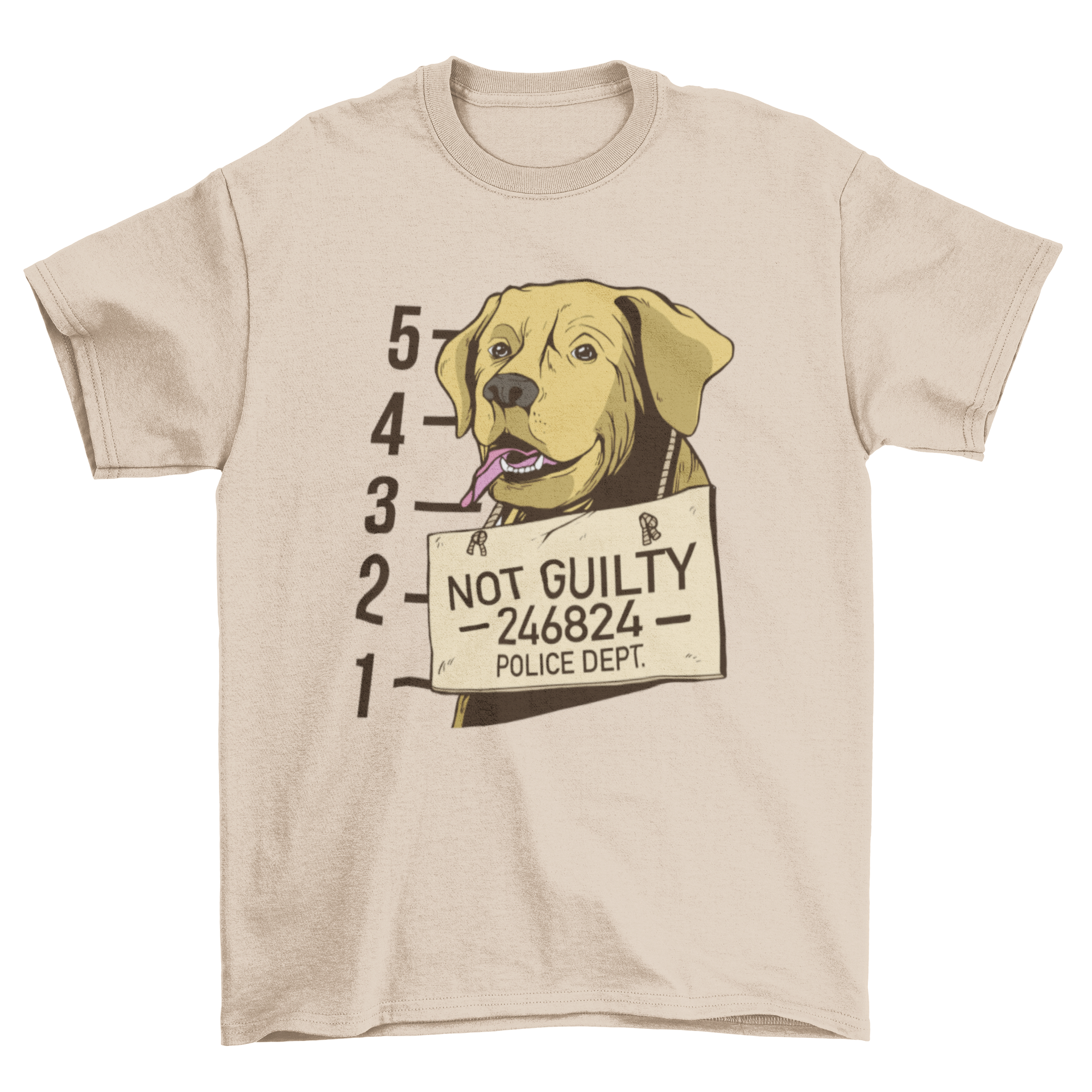 A humorous t-shirt featuring a labrador's mugshot with a sign saying 'Not guilty'.