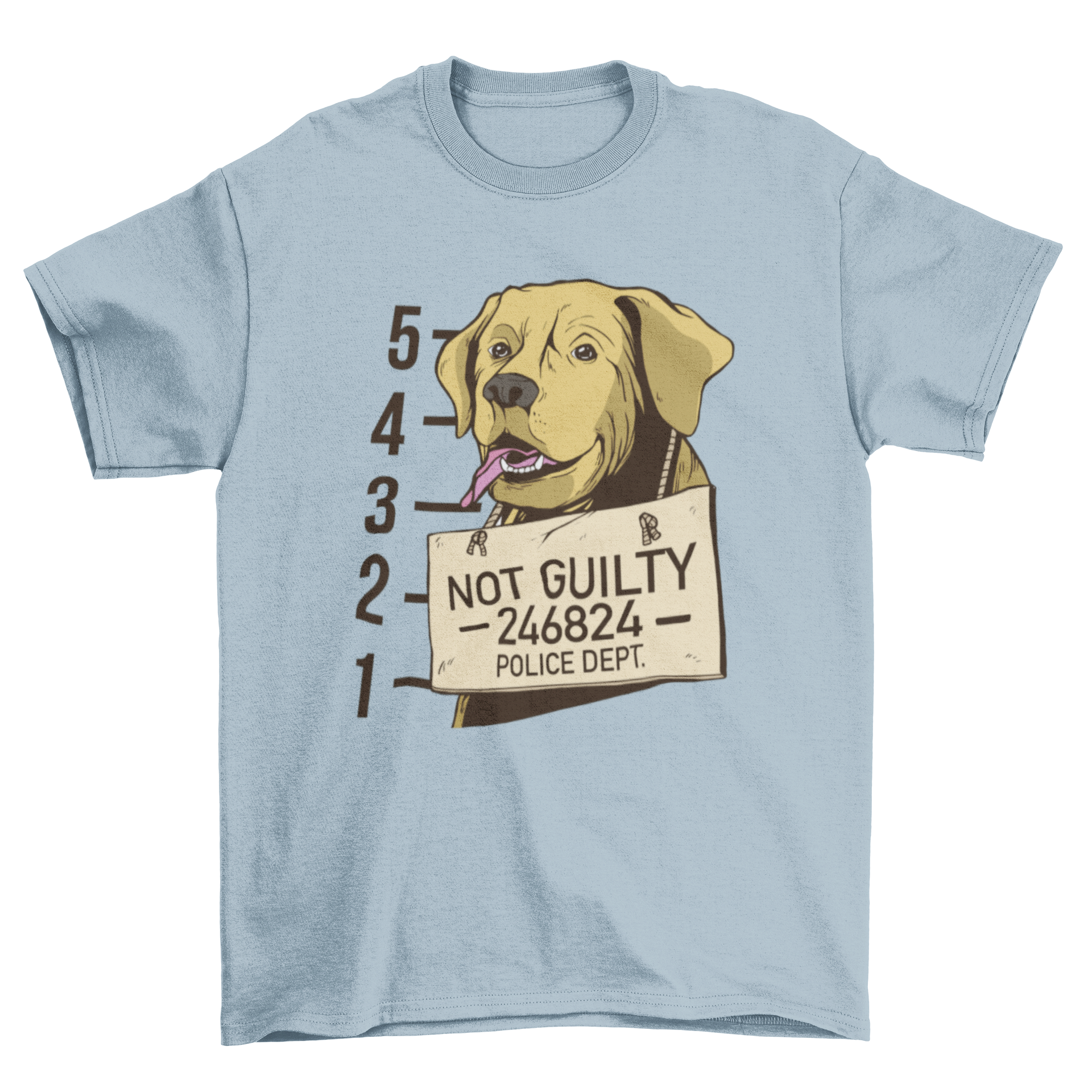 A humorous t-shirt featuring a labrador's mugshot with a sign saying 'Not guilty'.