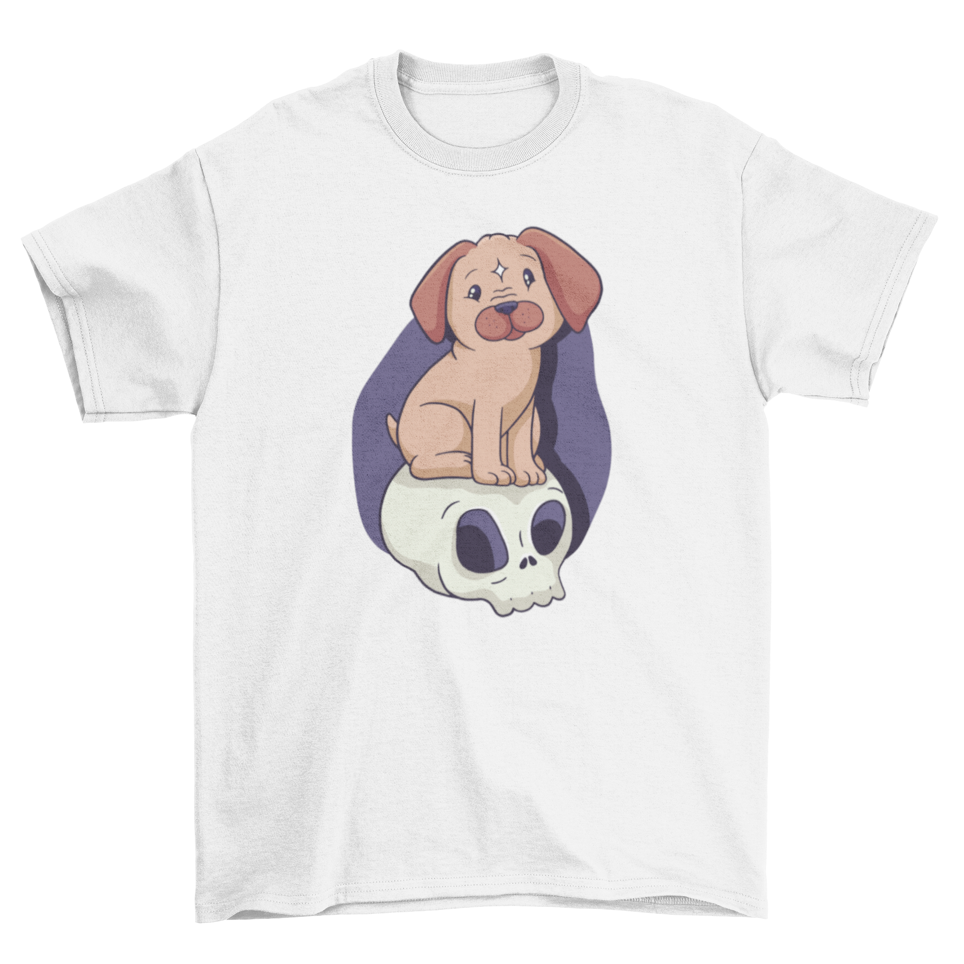 A stylish t-shirt featuring a cute dog sitting on a skull, perfect for dog lovers.