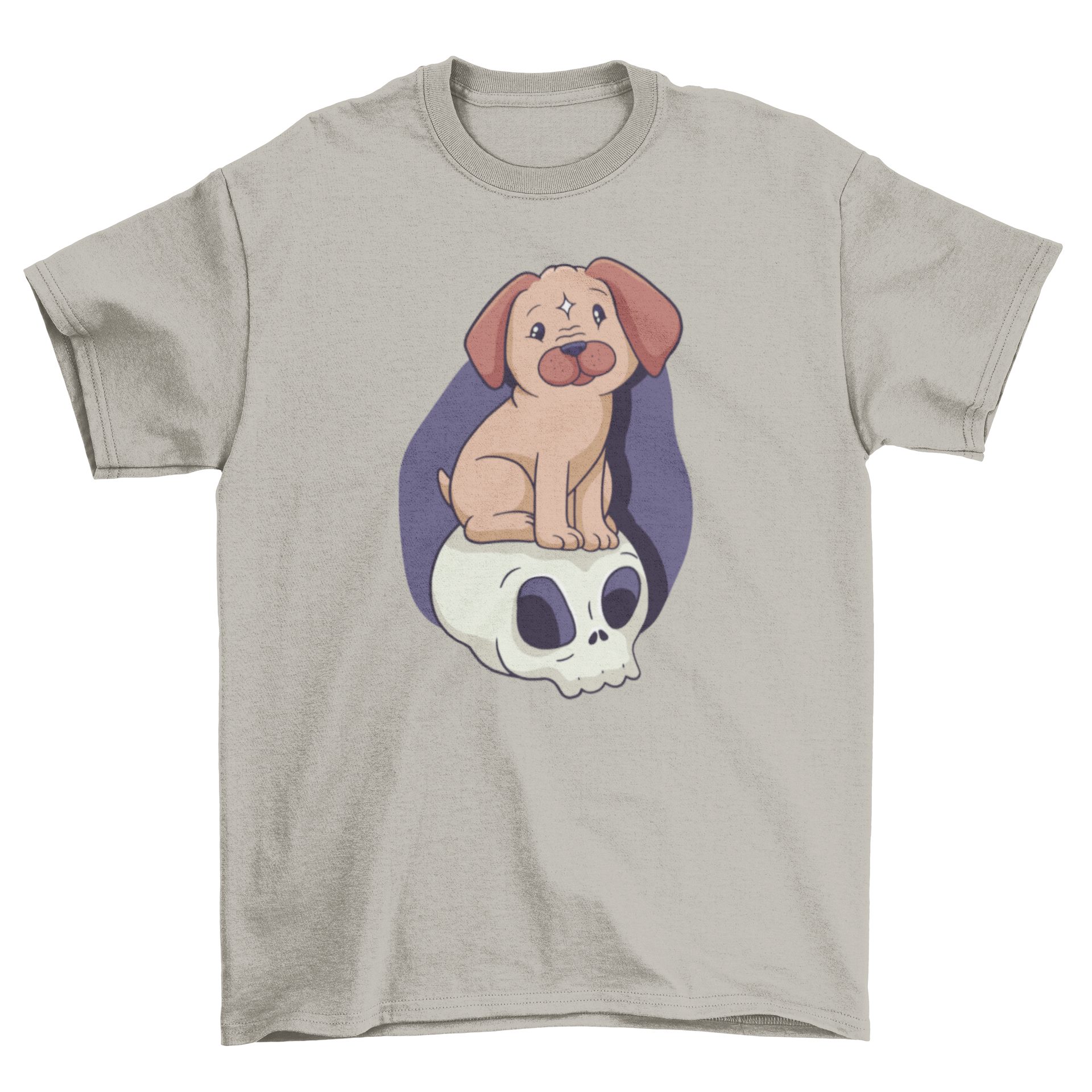 A stylish t-shirt featuring a cute dog sitting on a skull, perfect for dog lovers.