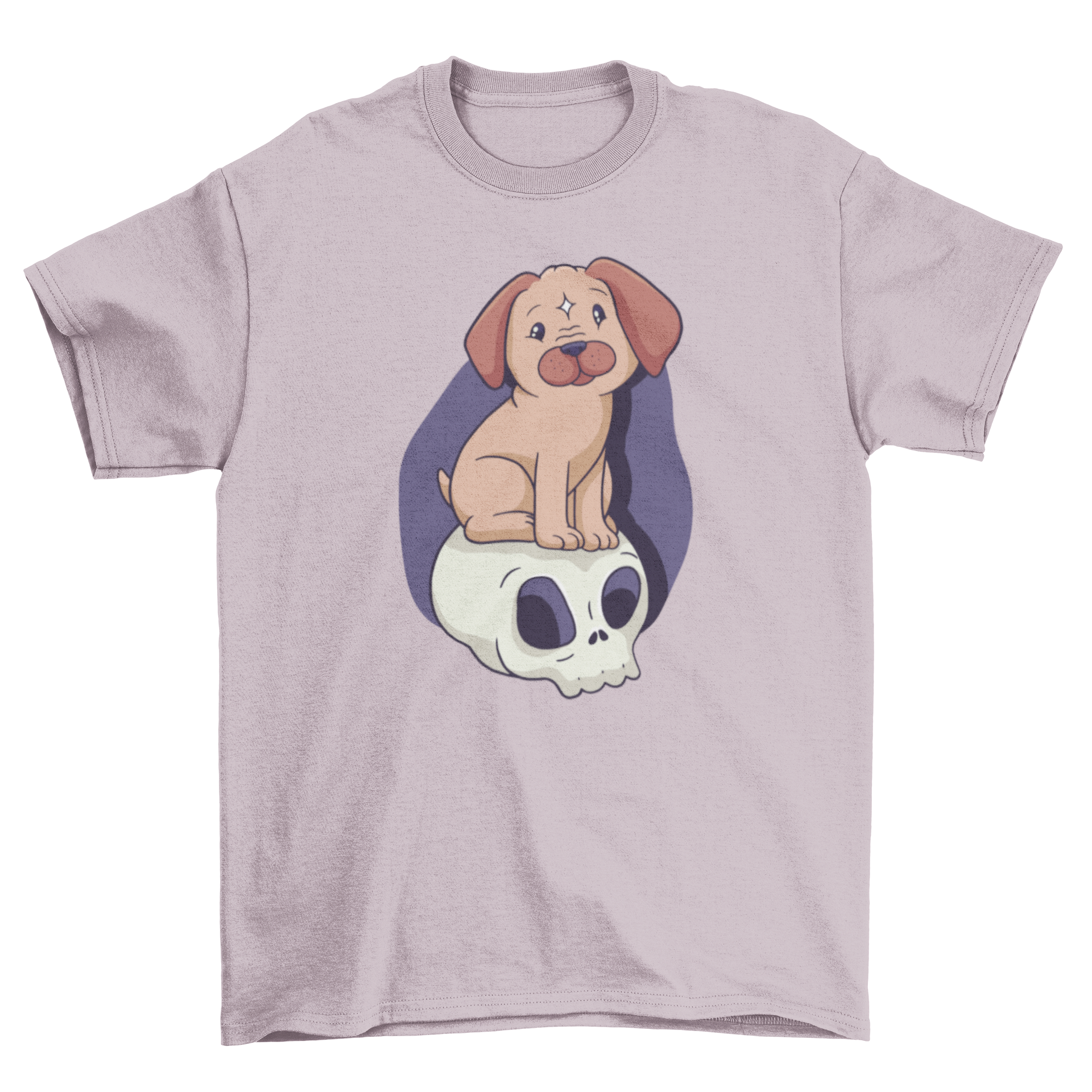 A stylish t-shirt featuring a cute dog sitting on a skull, perfect for dog lovers.