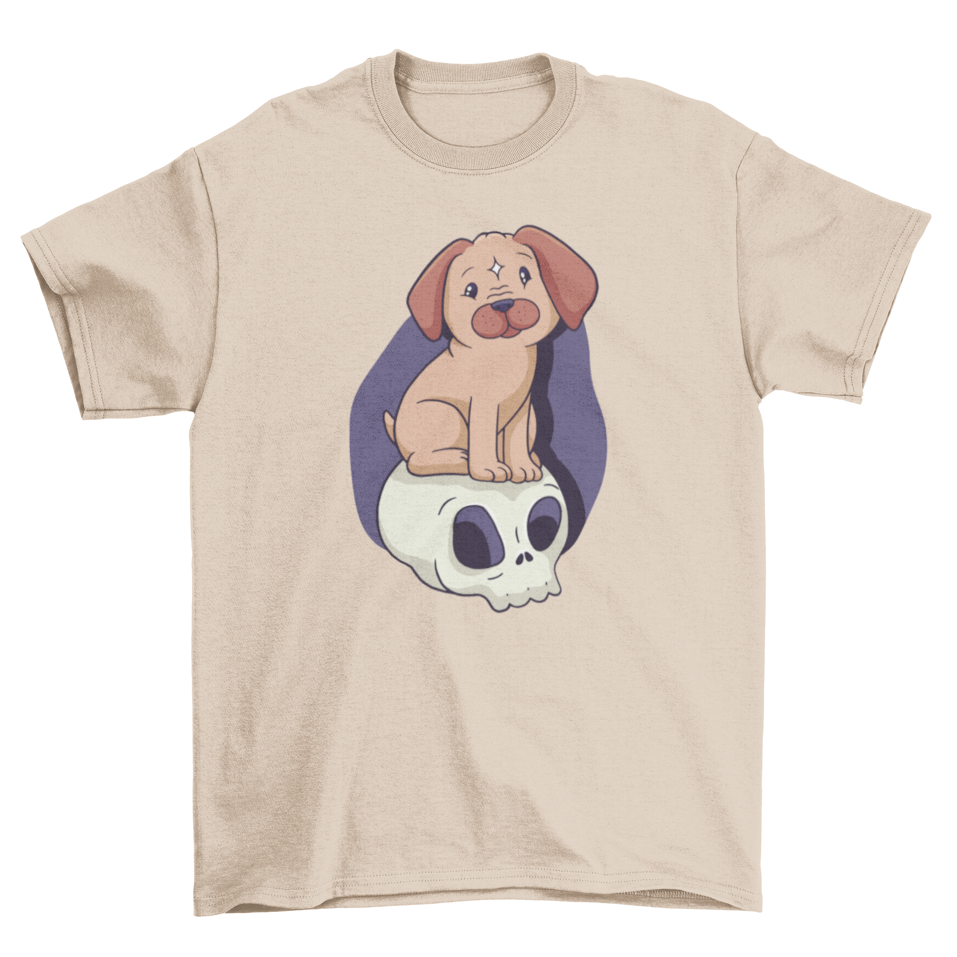 A stylish t-shirt featuring a cute dog sitting on a skull, perfect for dog lovers.