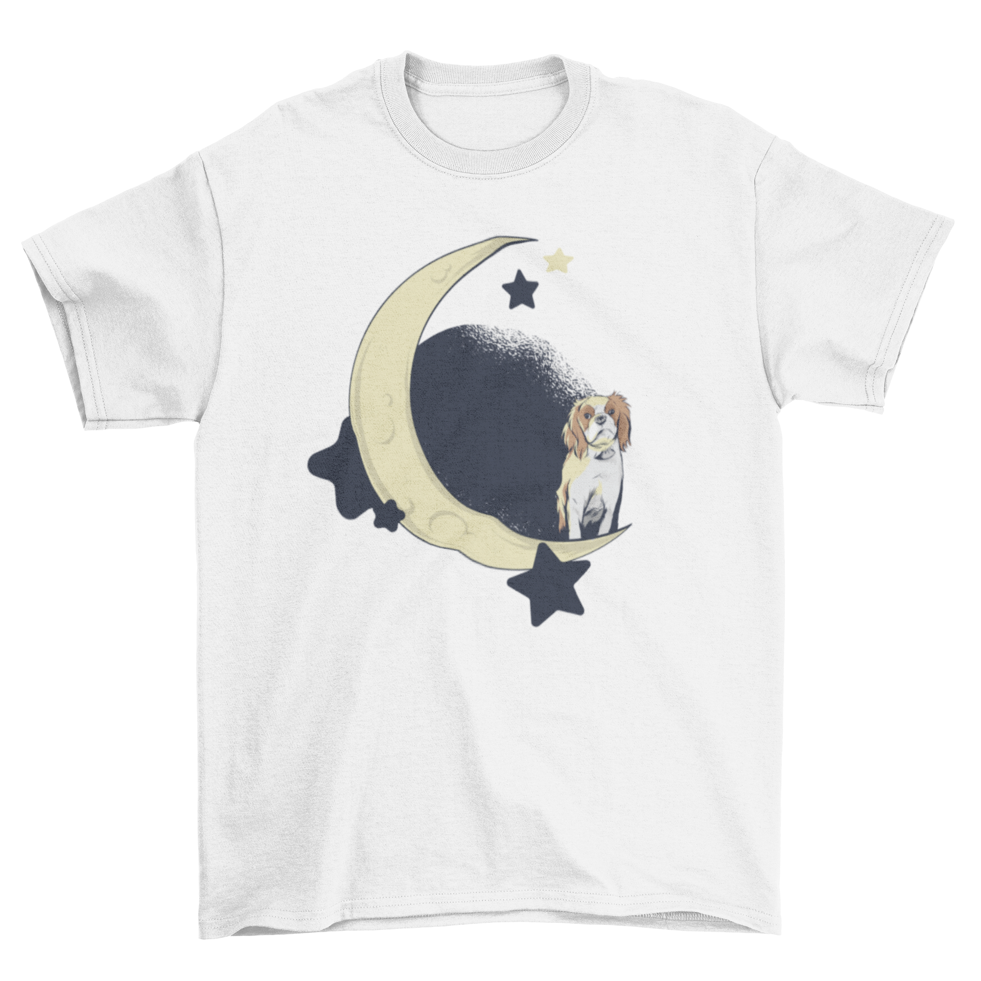 A cute t-shirt featuring a dog standing on a quarter moon with stars in the background.