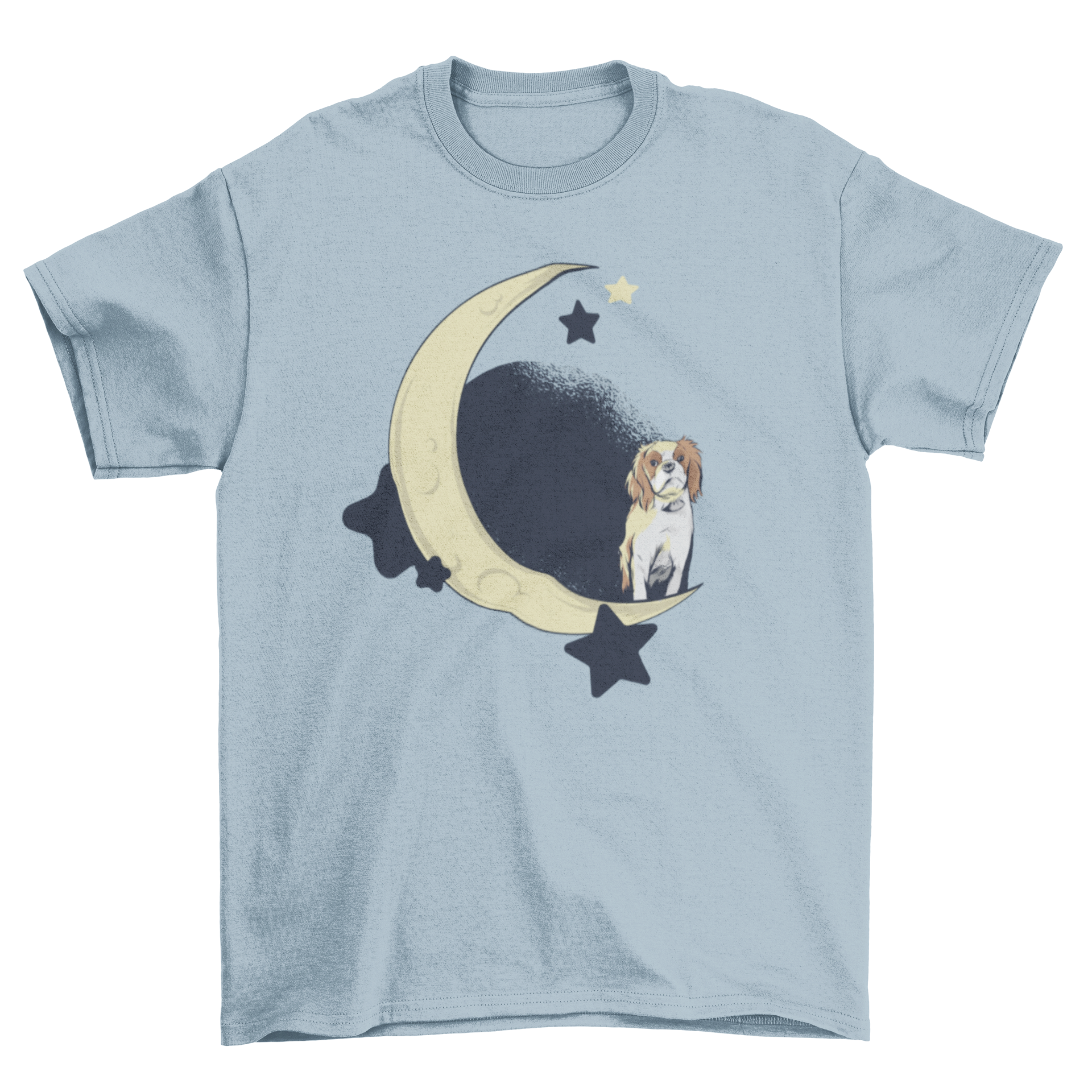 A cute t-shirt featuring a dog standing on a quarter moon with stars in the background.